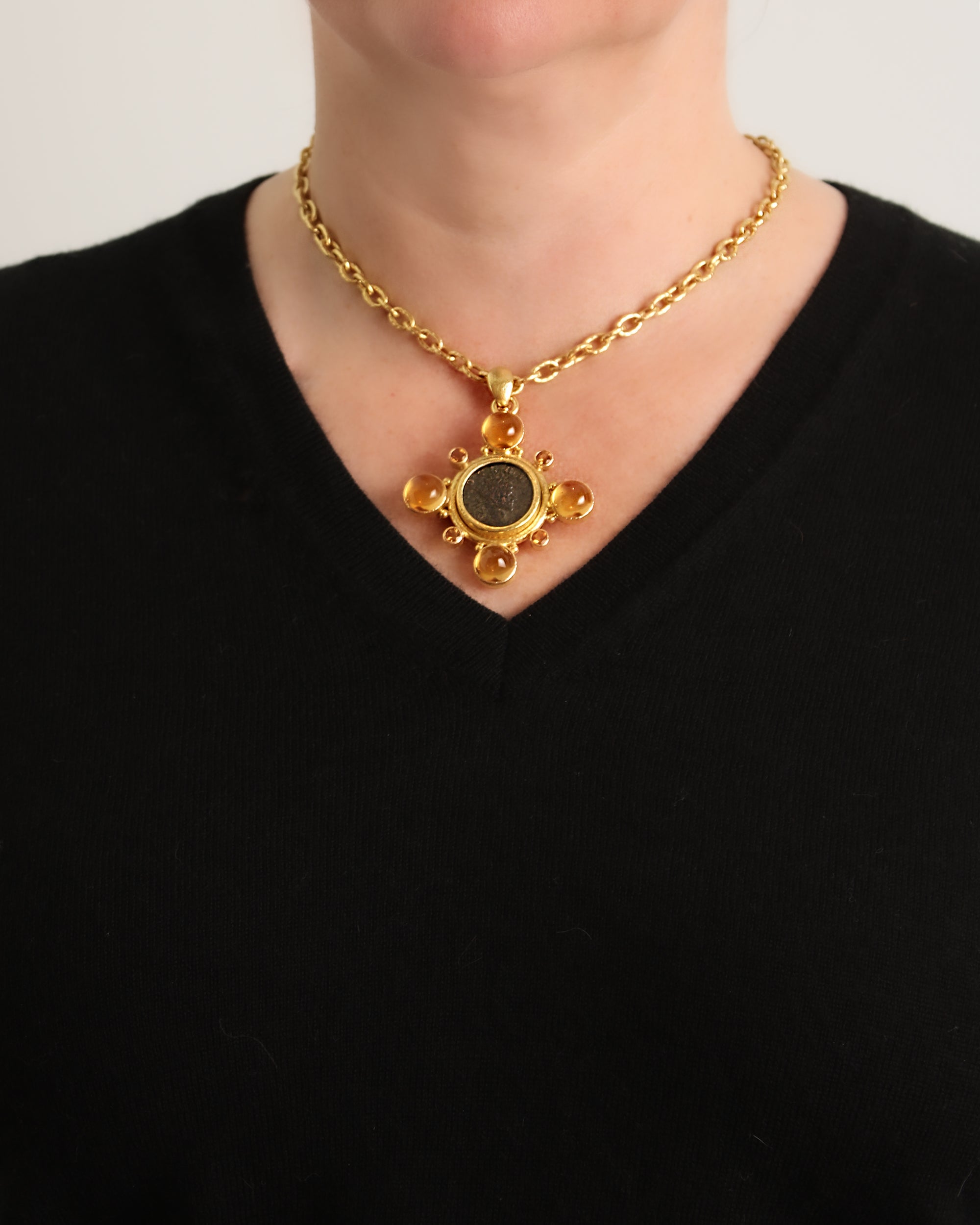 Ancient Roman Bronze Coin with Citrine Brooch/Pendant