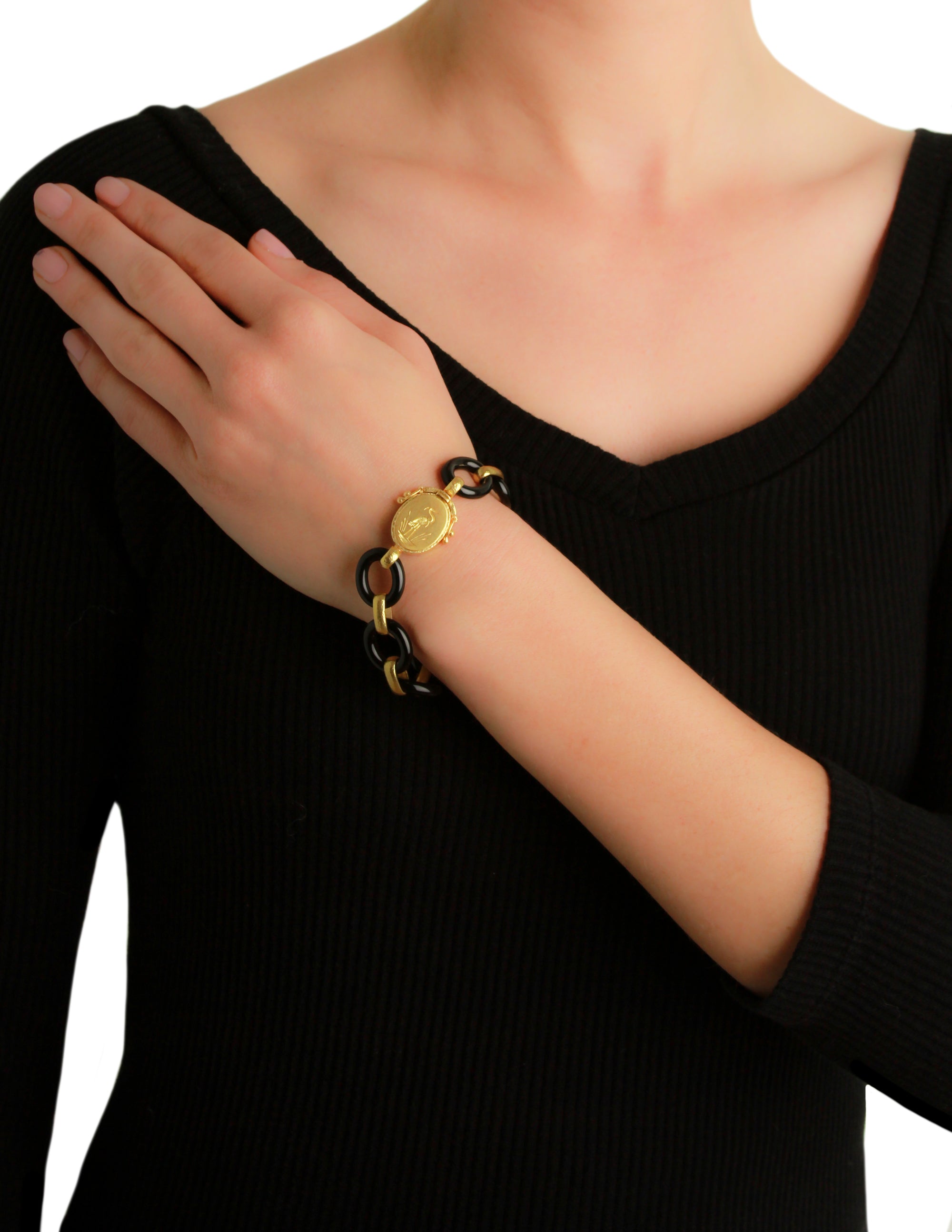 Black Jade Link Bracelet with 'Crane' Clasp