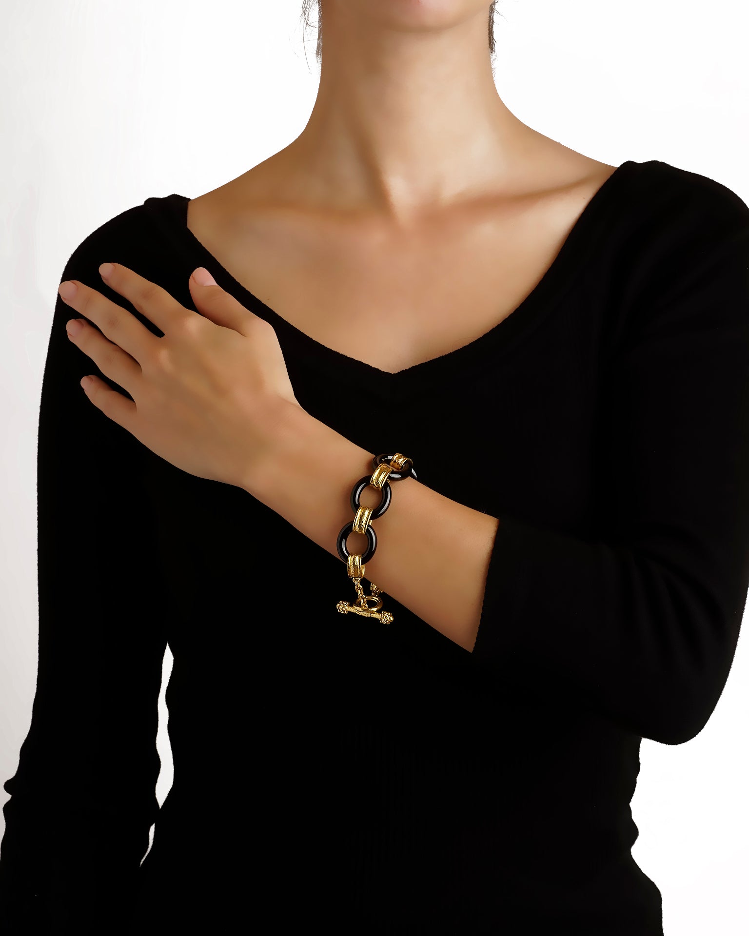 Large Black Jade and Gold Link Bracelet