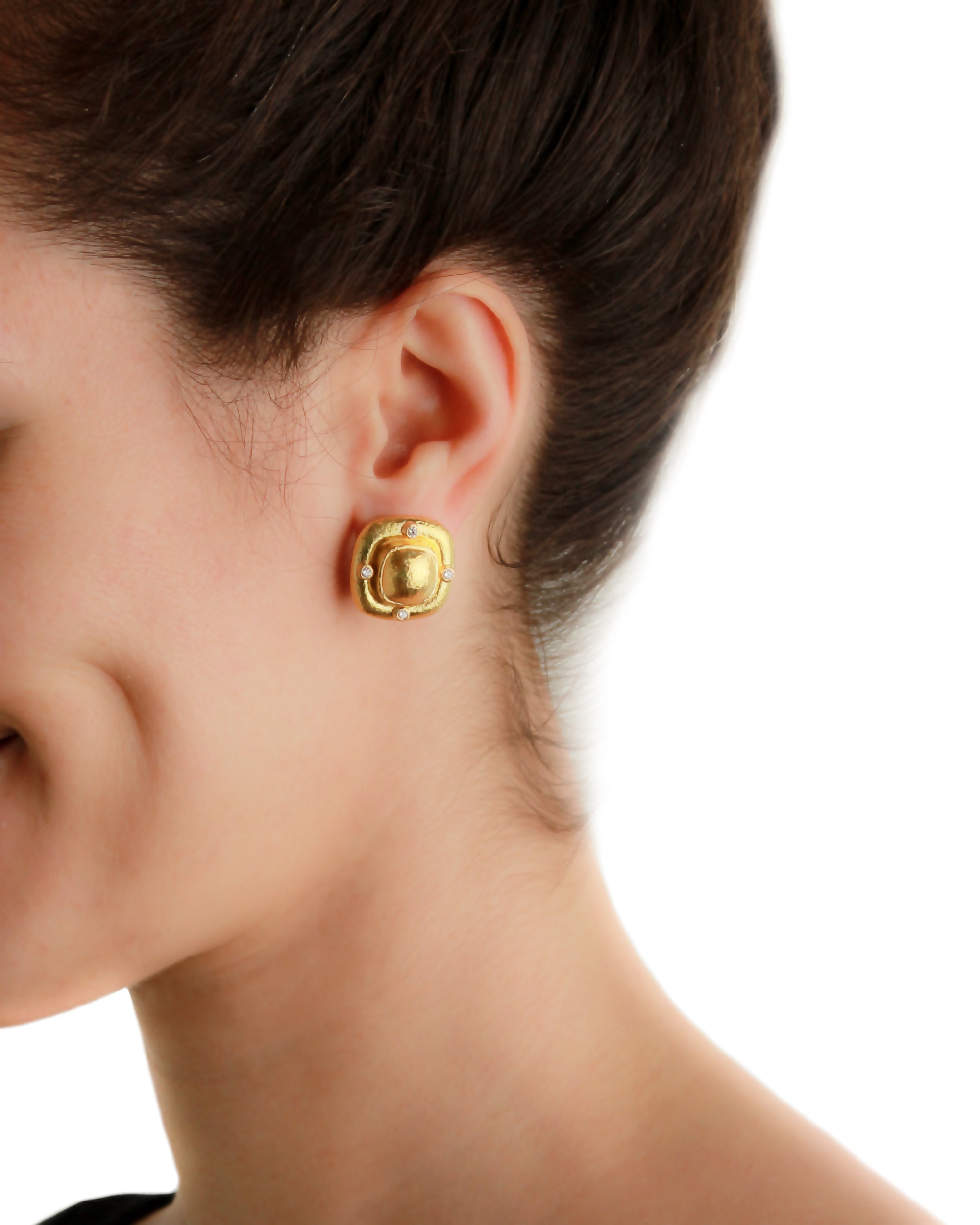 Square Gold Dome and Diamond Earrings