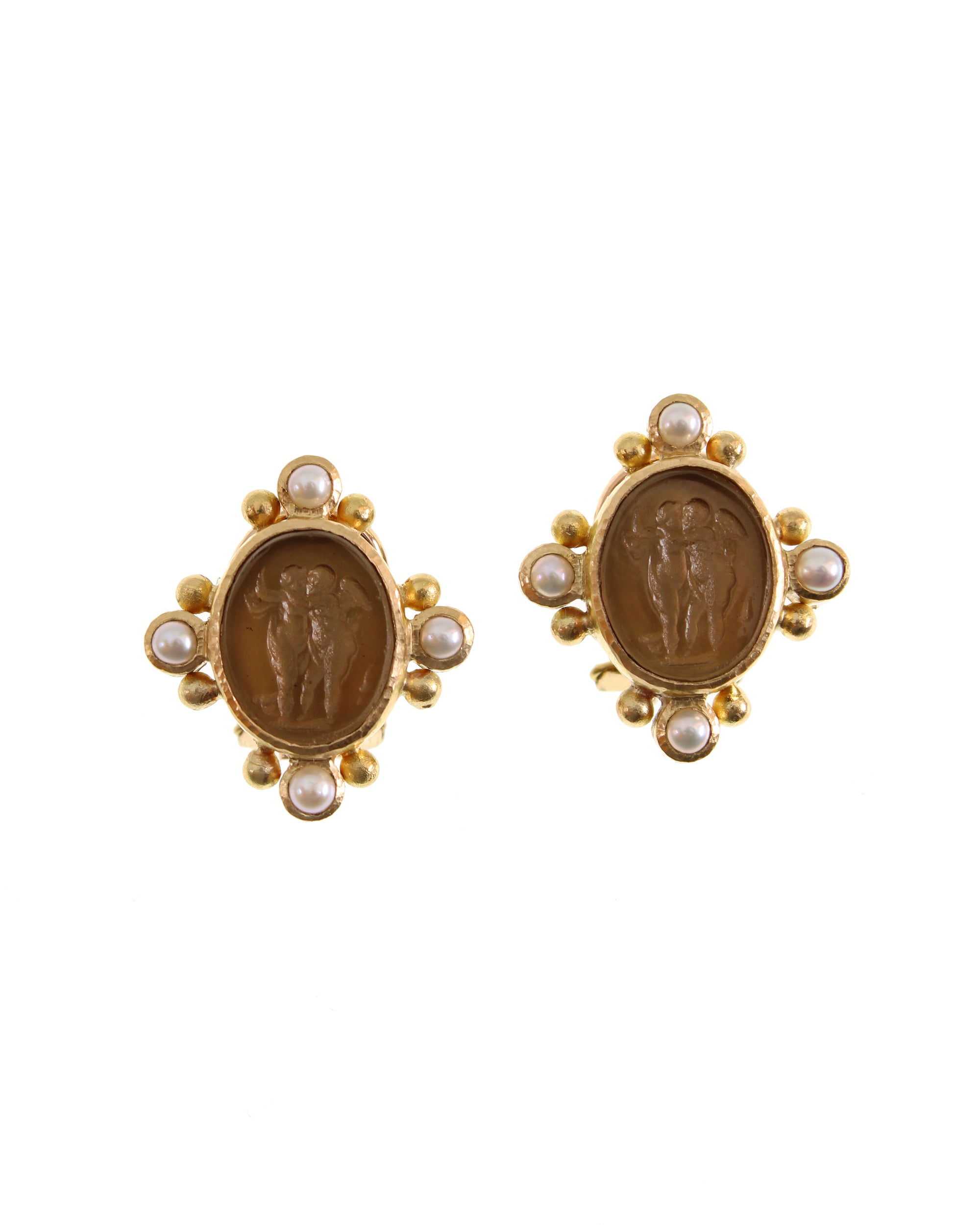 Bronze Venetian Glass Intaglio and Pearl Earrings