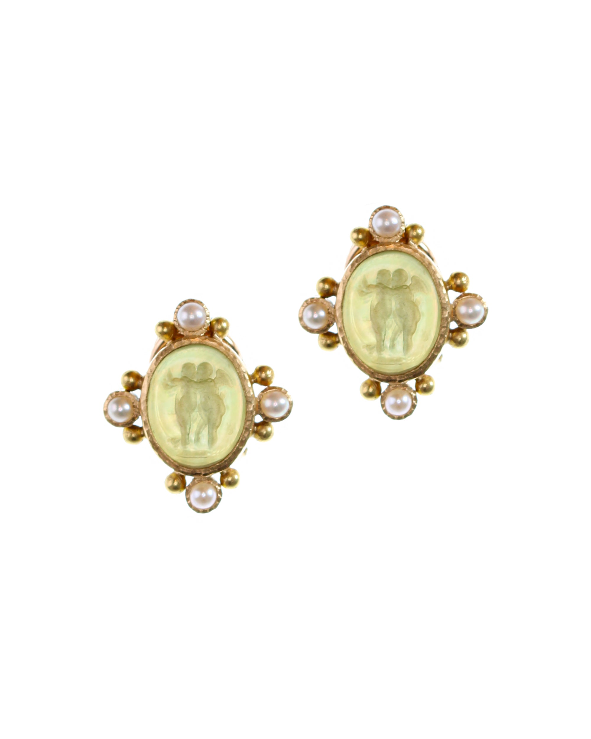 Lime Venetian Glass Intaglio and Pearl Earrings