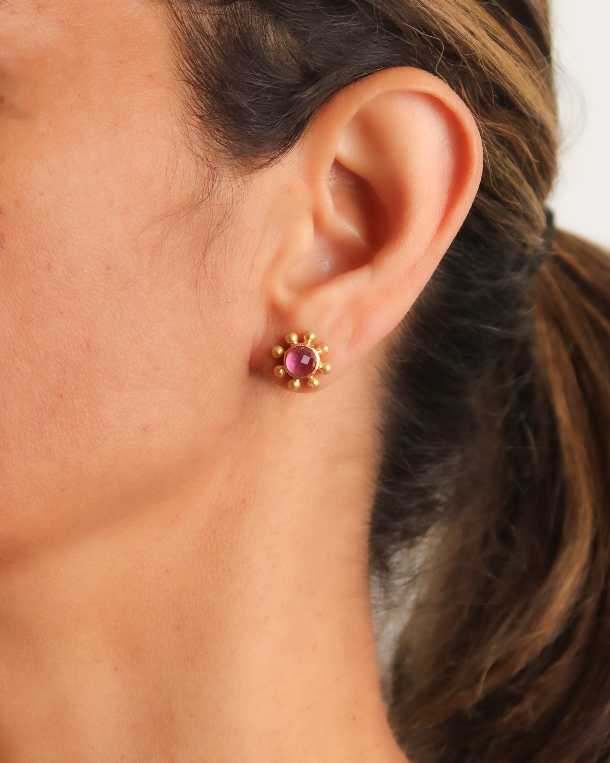 Pink Tourmaline Stud Earrings with Granulated Halo