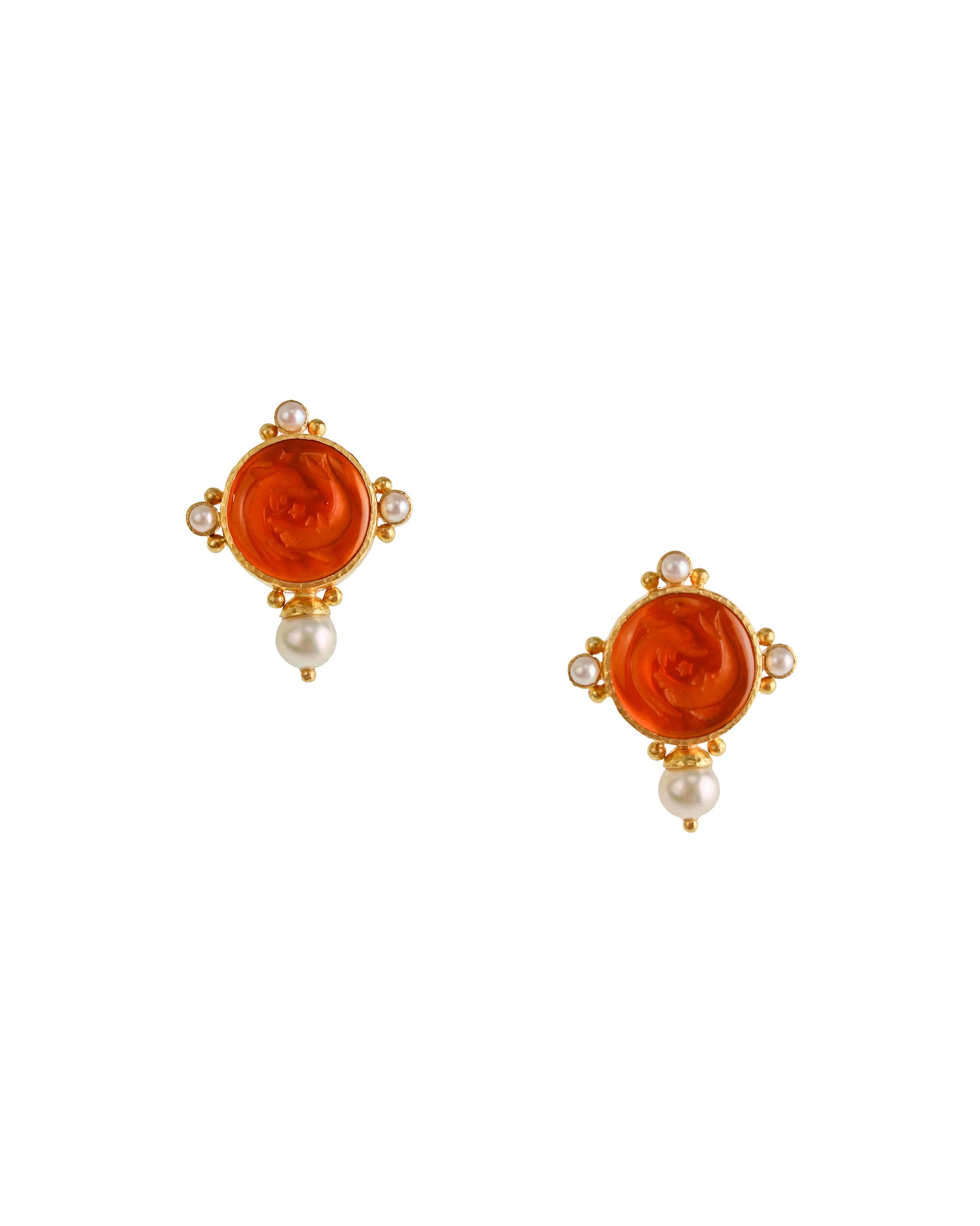 Amber 'Dolphin Twins' and Pearl Earrings