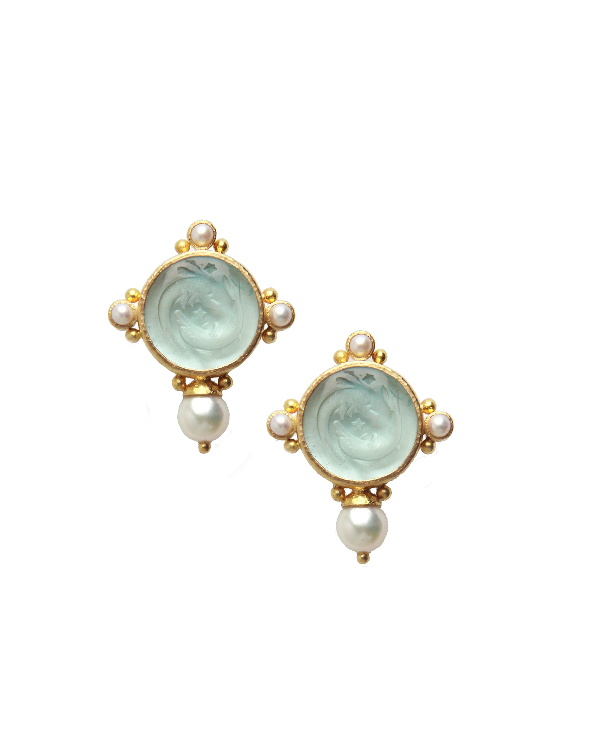 Light Aqua 'Dolphin Twins' and Pearl Earrings