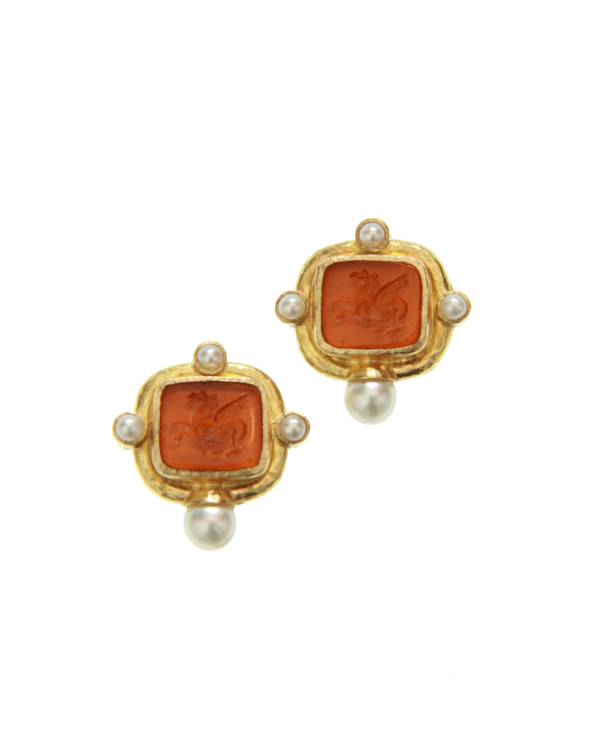 Amber 'Square Pegasus' and Pearl Earrings