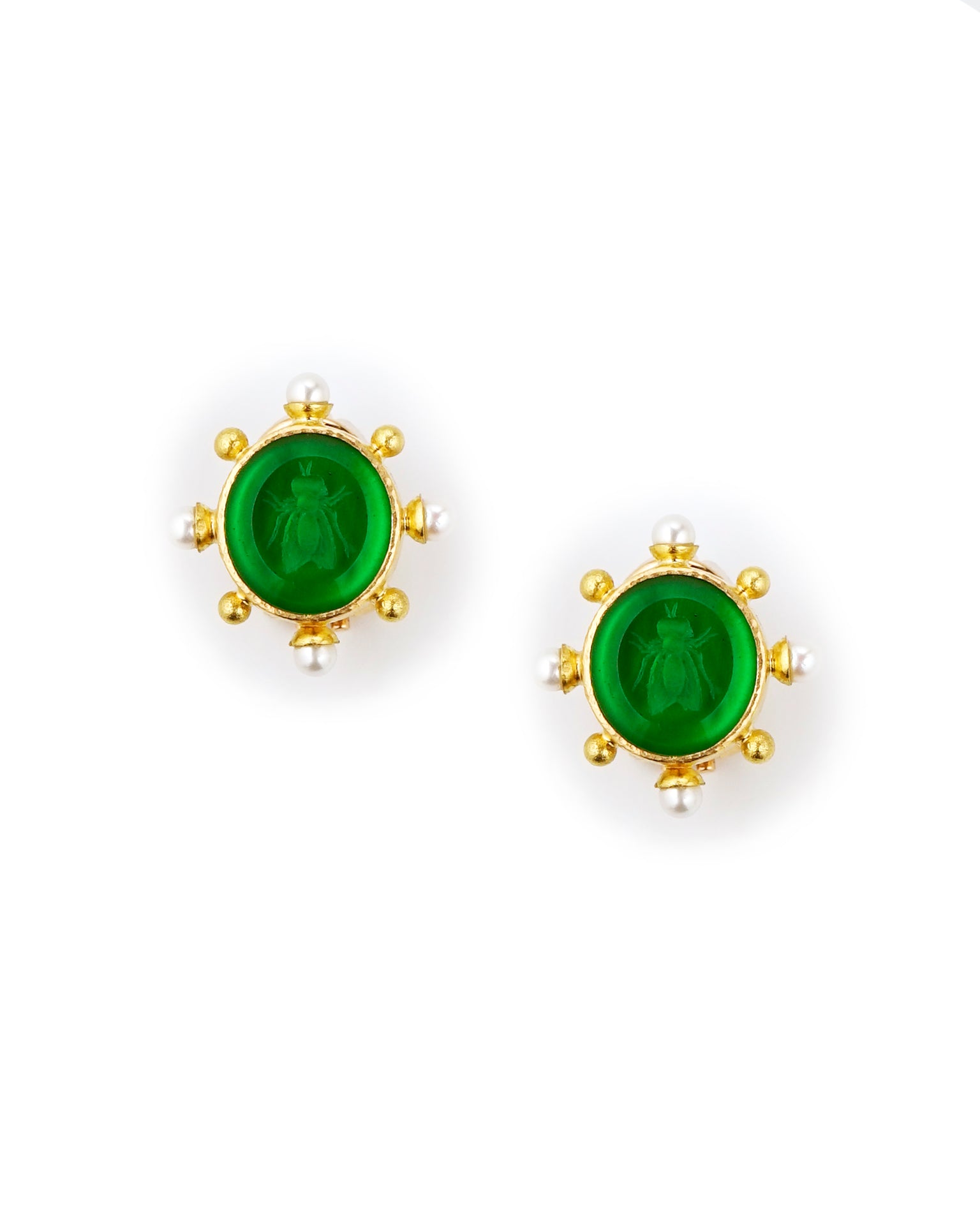Green 'Demel Bee' and Pearl Earrings