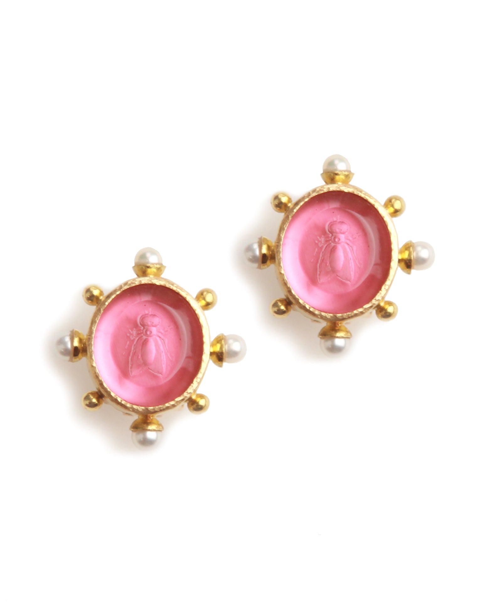 Pink 'Demel Bee' and Pearl Earrings