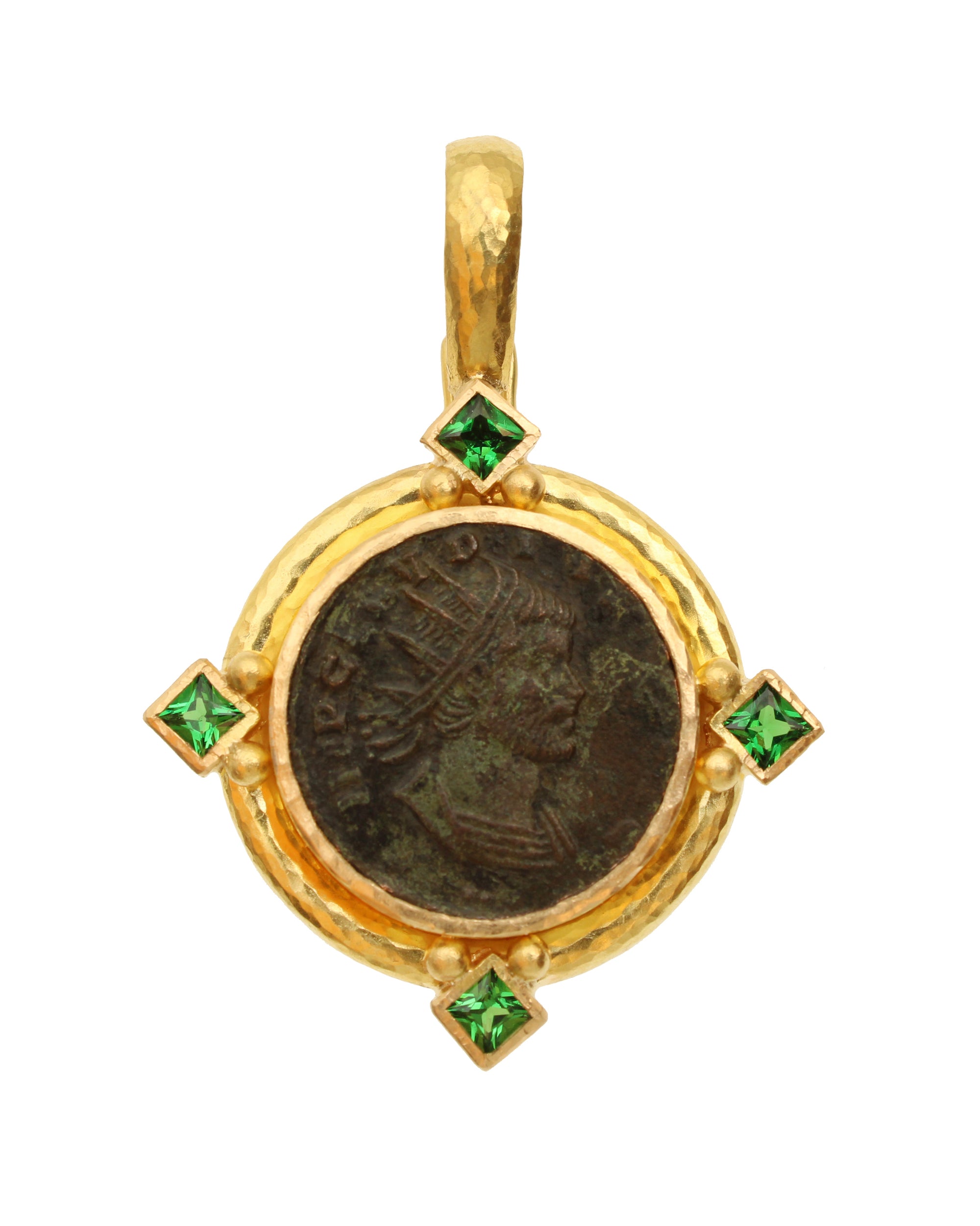 Ancient Roman Bronze Coin Pendant with Tsavorites