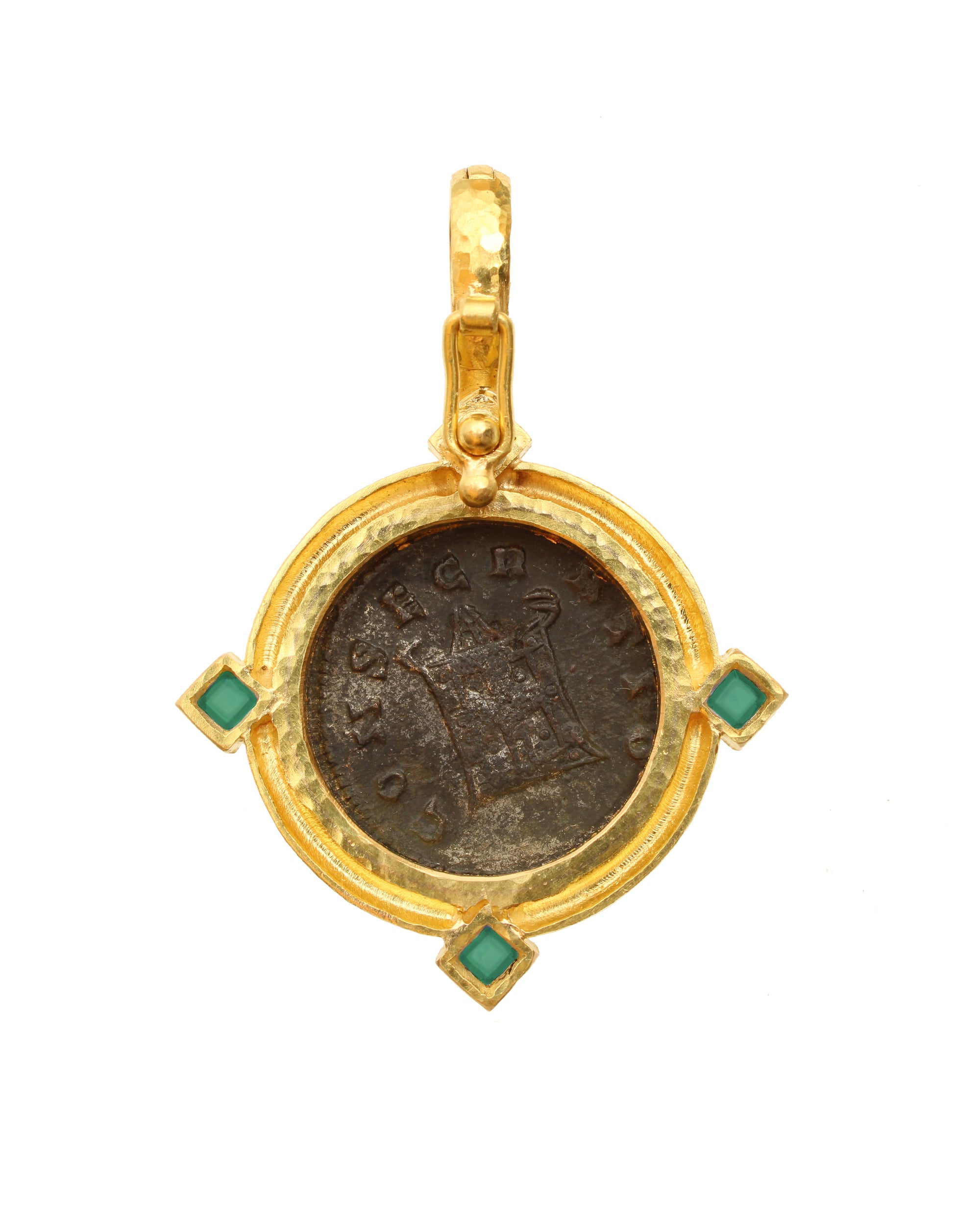 Ancient Roman Bronze Coin Pendant with Tsavorites