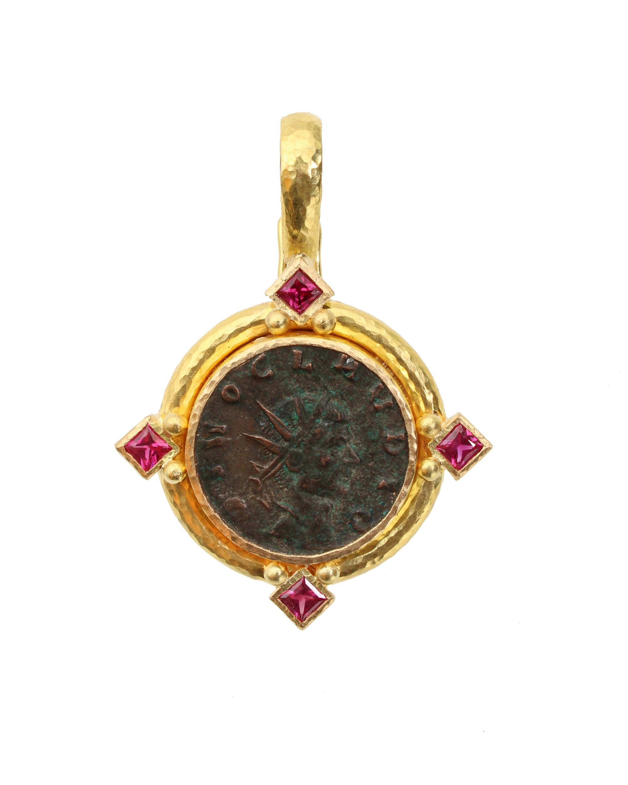Ancient Roman Bronze Coin Pendant with Rubies