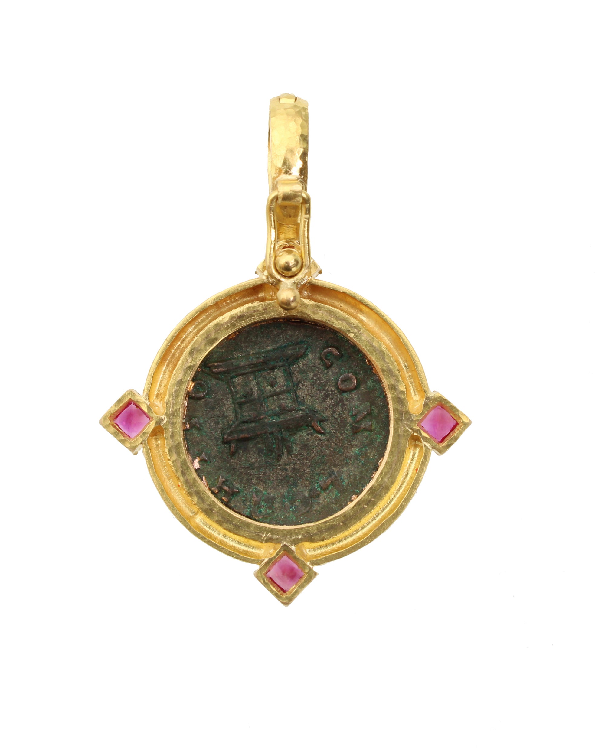 Ancient Roman Bronze Coin Pendant with Rubies