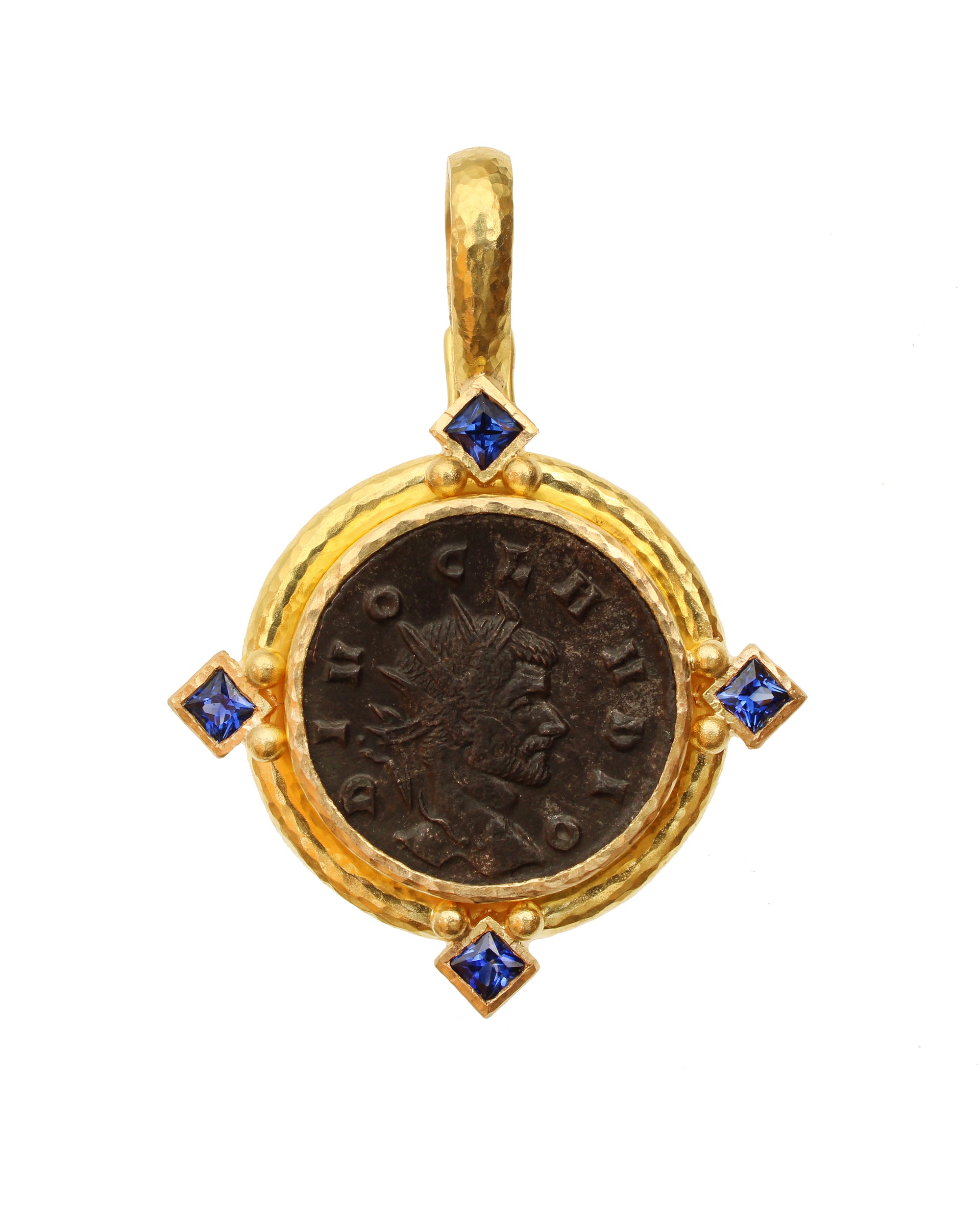 Ancient Roman Bronze Coin Pendant with Sapphires