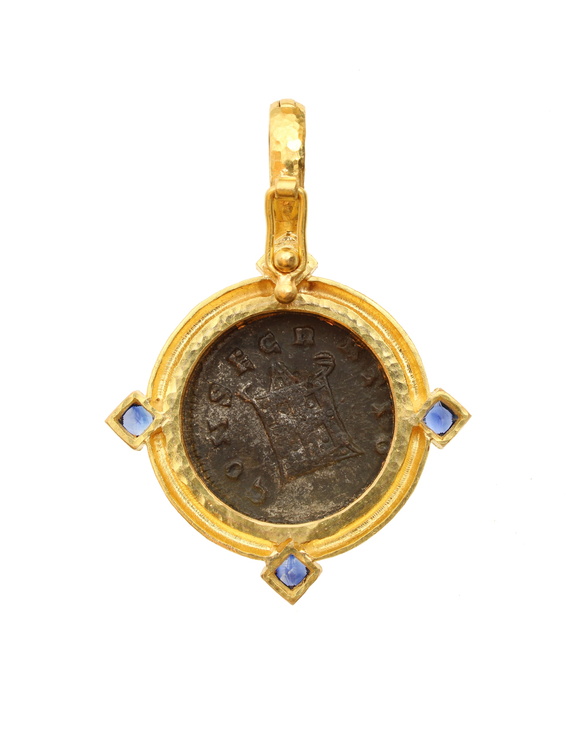 Ancient Roman Bronze Coin Pendant with Sapphires