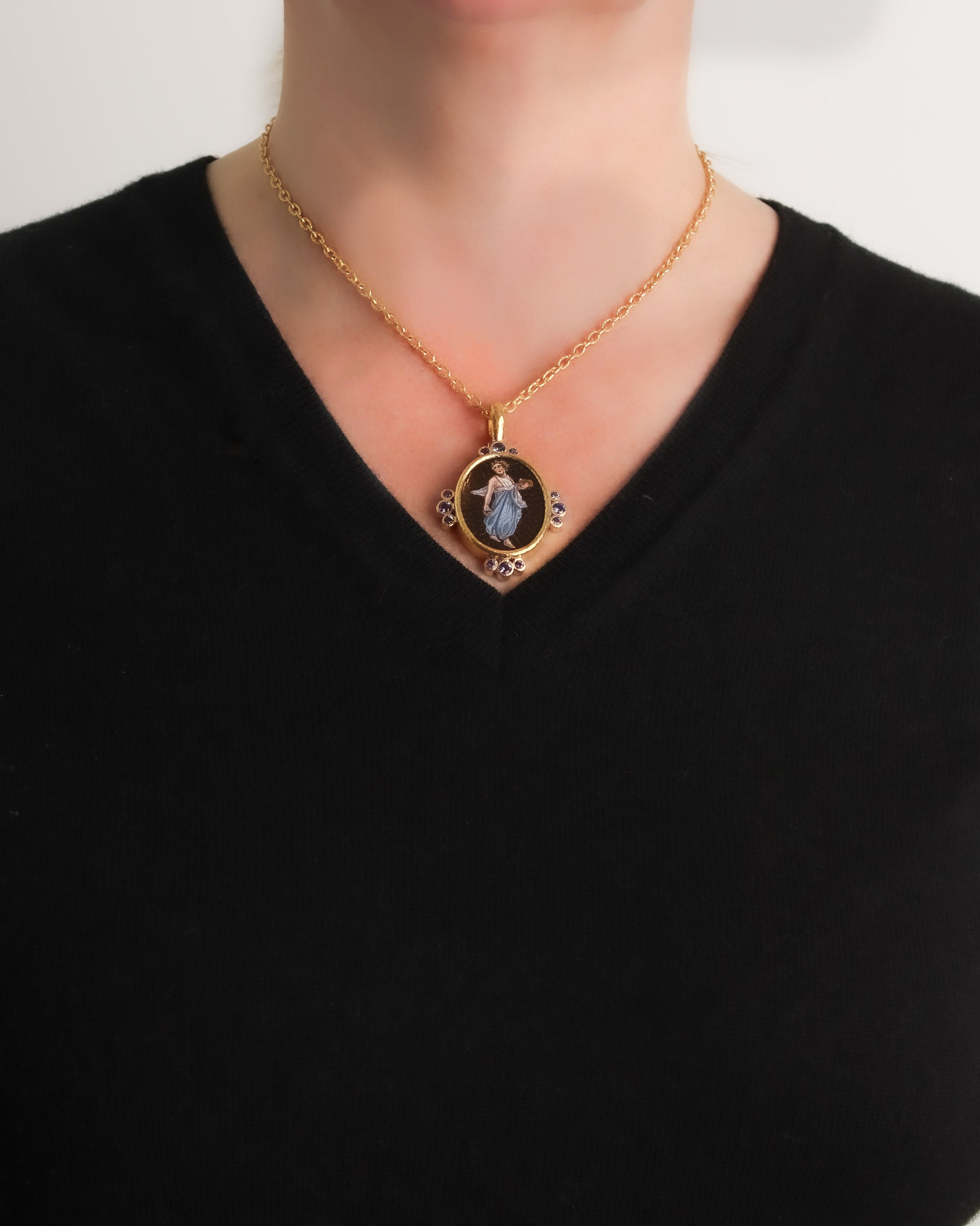 Antique Micromosaic 'Muse' Pendant with Sapphires