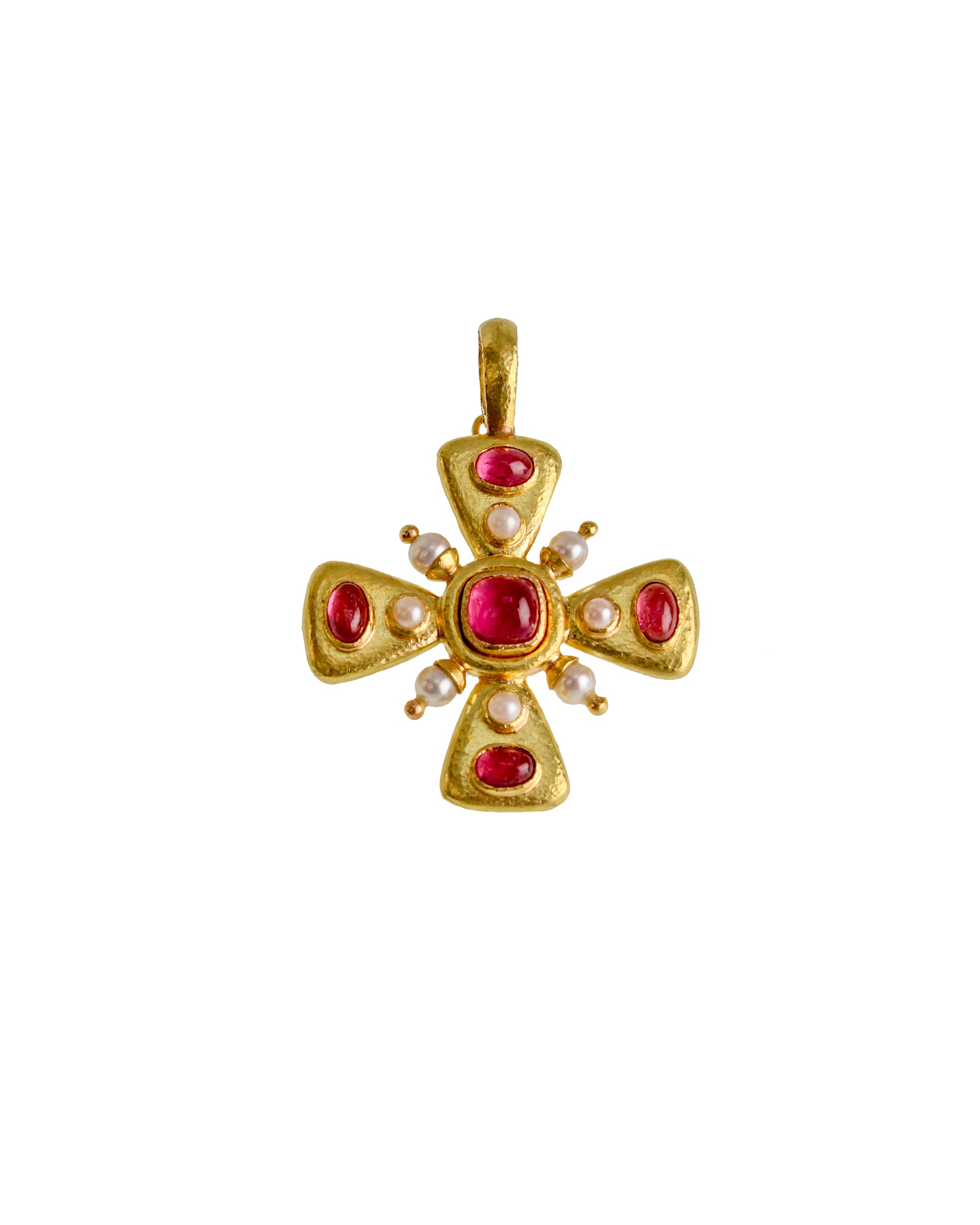 Pink Tourmaline Maltese Cross with Pearls Pendant