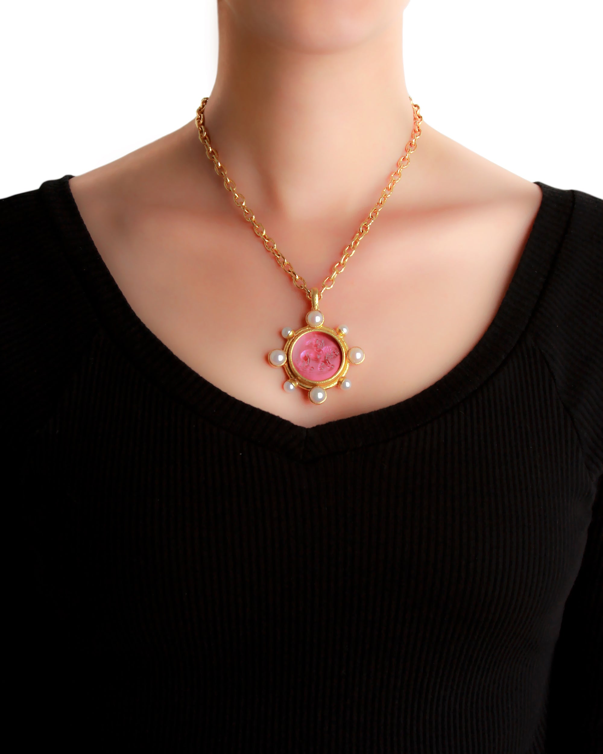 Amber 'Cupid Riding Lion' and Pearl Pendant