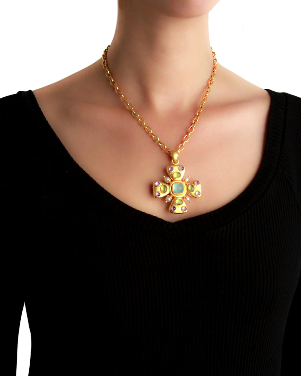 Mixed Gemstone and Pearl Maltese Cross Brooch