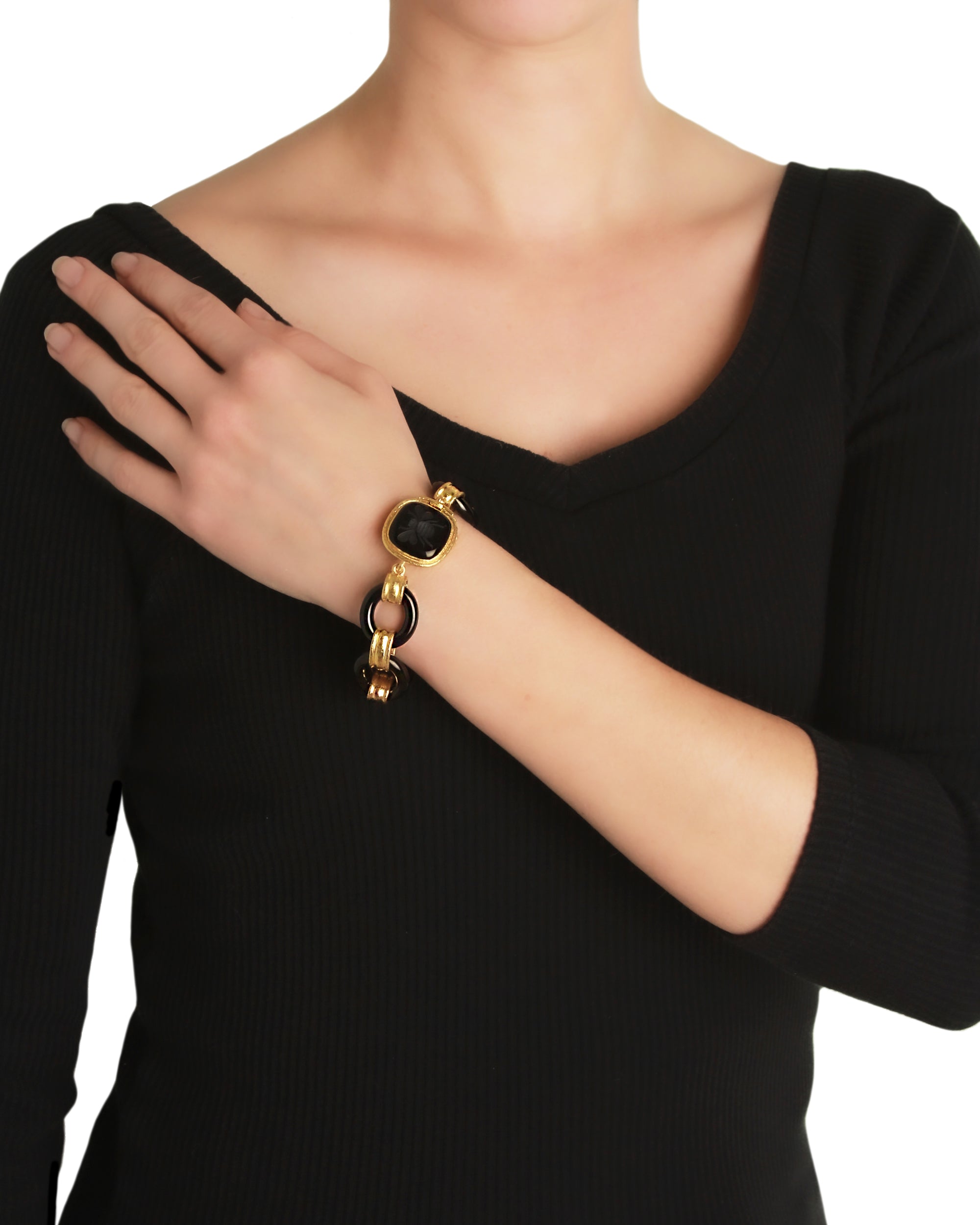 Black Jade Link Bracelet with Onyx 'Bee' Clasp