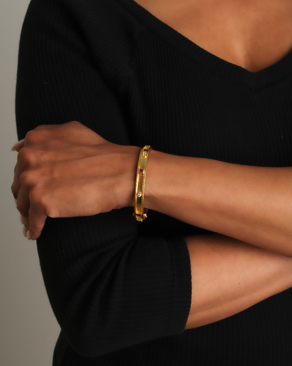 Flat Narrow Bangle with Rubies and Diamonds