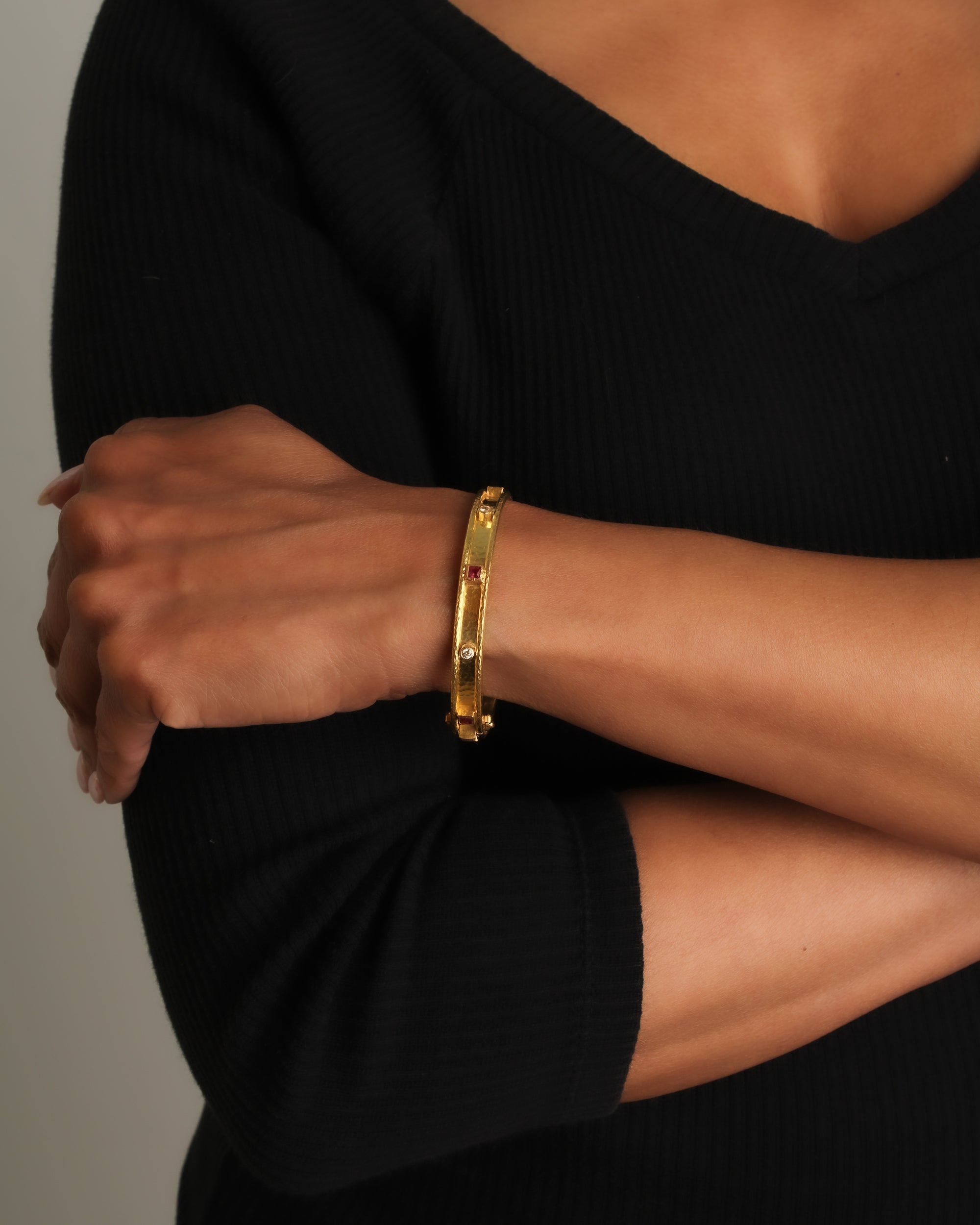 Flat Narrow Bangle with Rubies and Diamonds
