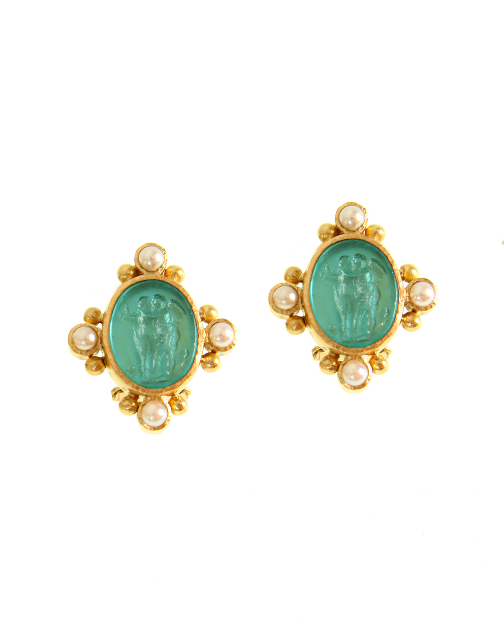 Teal 'Cherub Twins' and Pearl Earrings