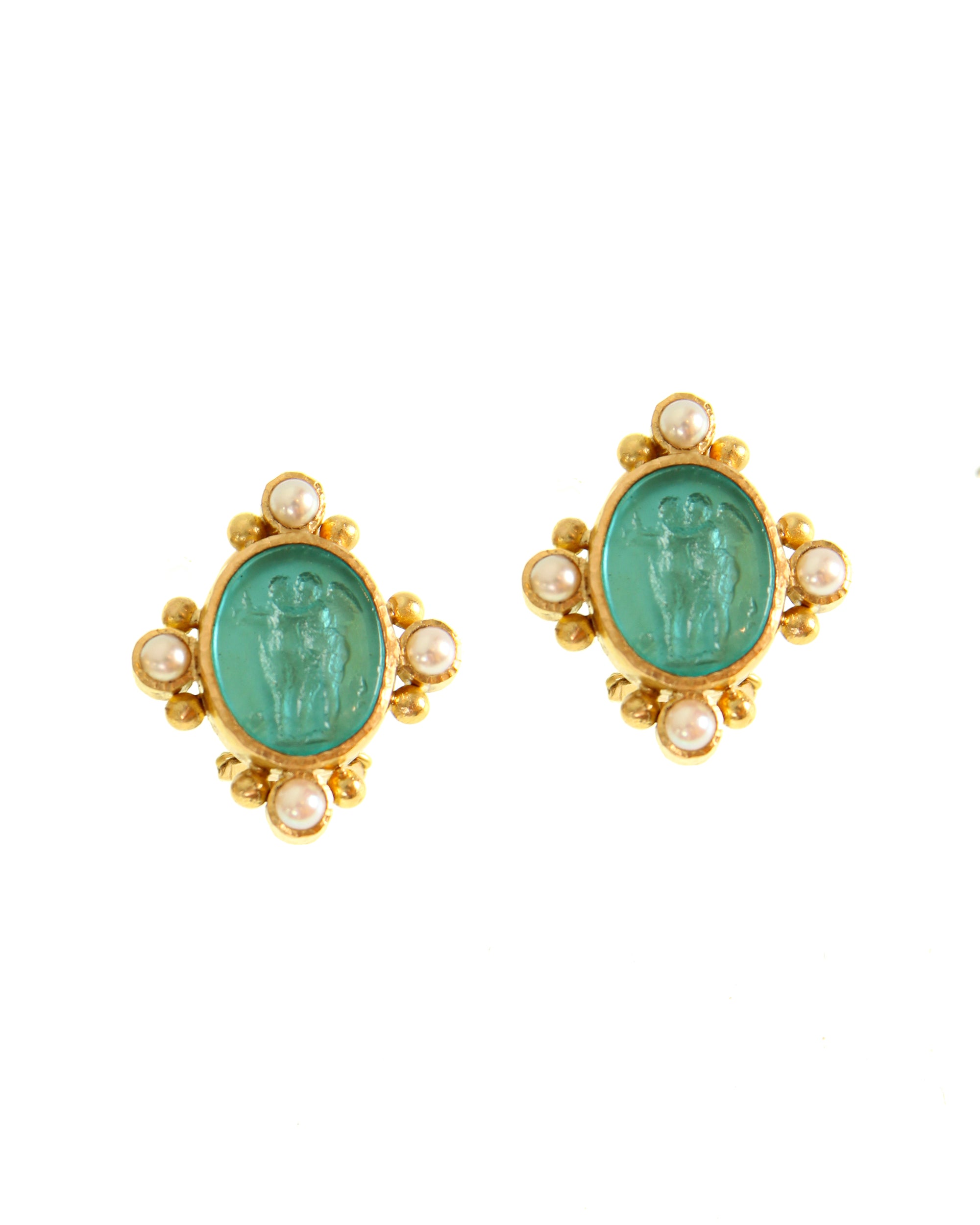 Teal 'Cherub Twins' and Pearl Earrings