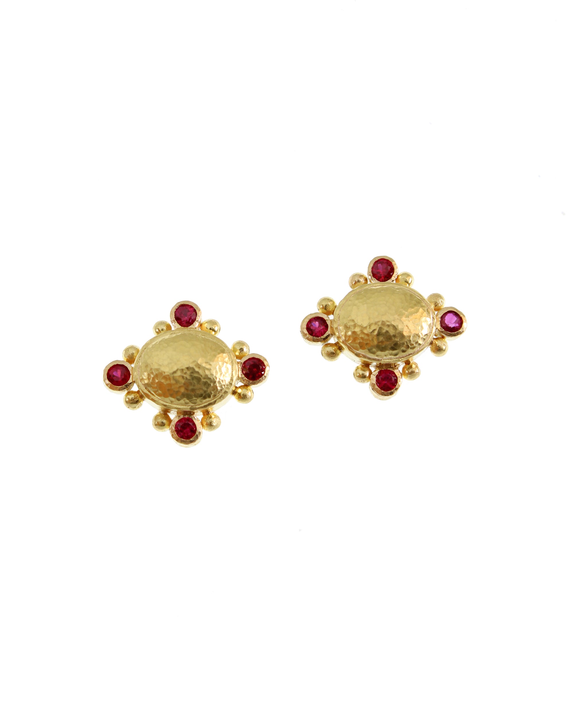 Horizontal Gold Stud Earrings with Rubies