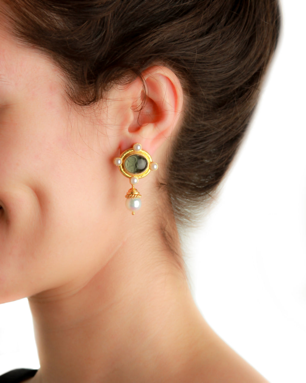 Amber 'Cabochon Quadriga' and Pearl Earrings