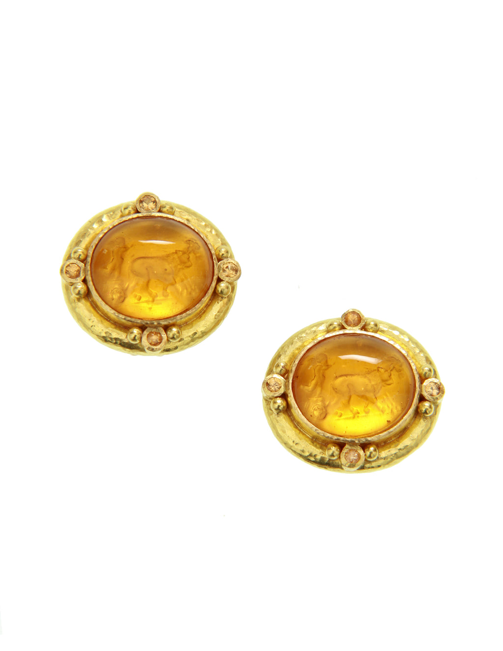 Light Amber 'Cabochon Goat, Lion & Putto' Earrings