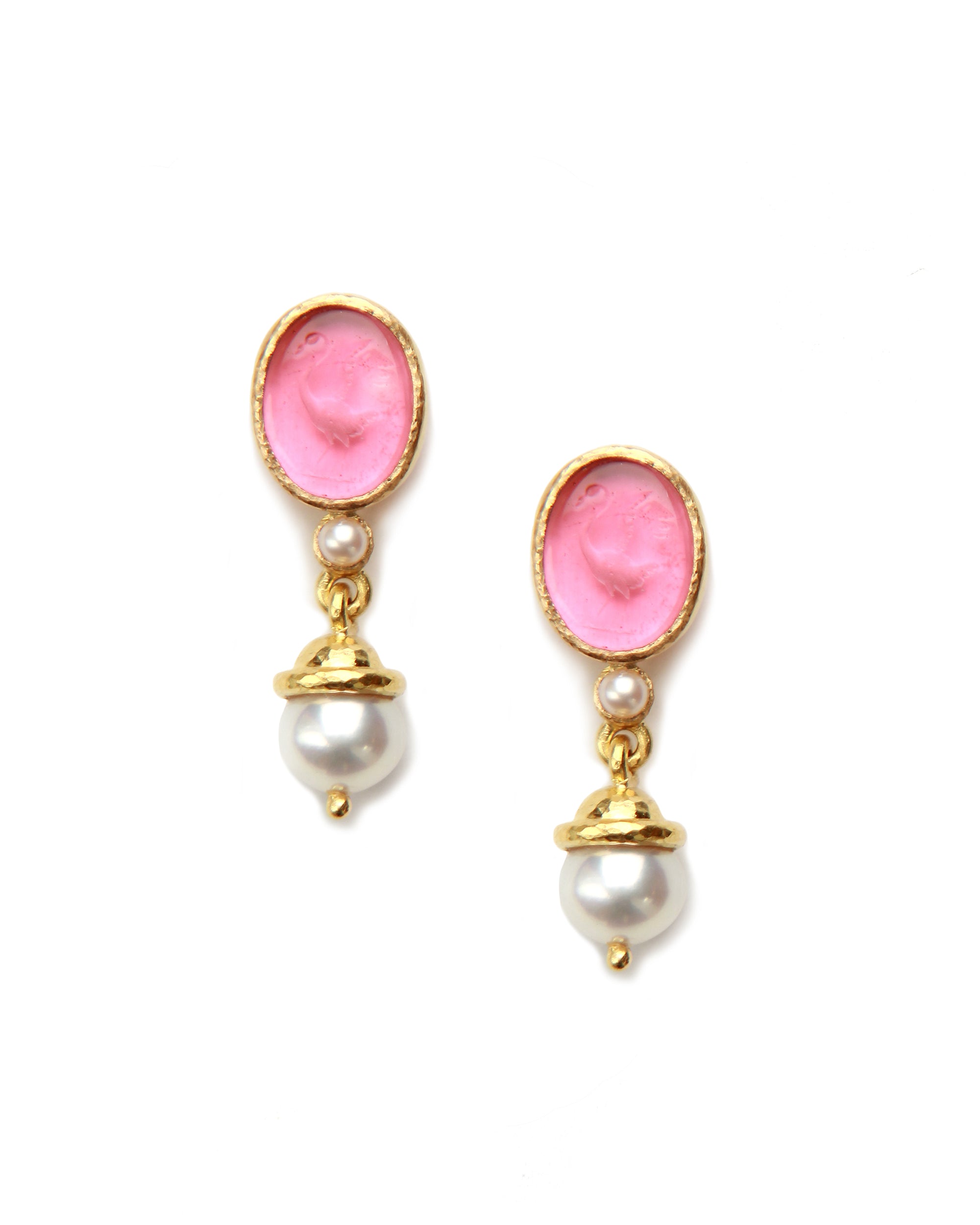 Pink 'Crane' and Pearl Drop Stud Earring