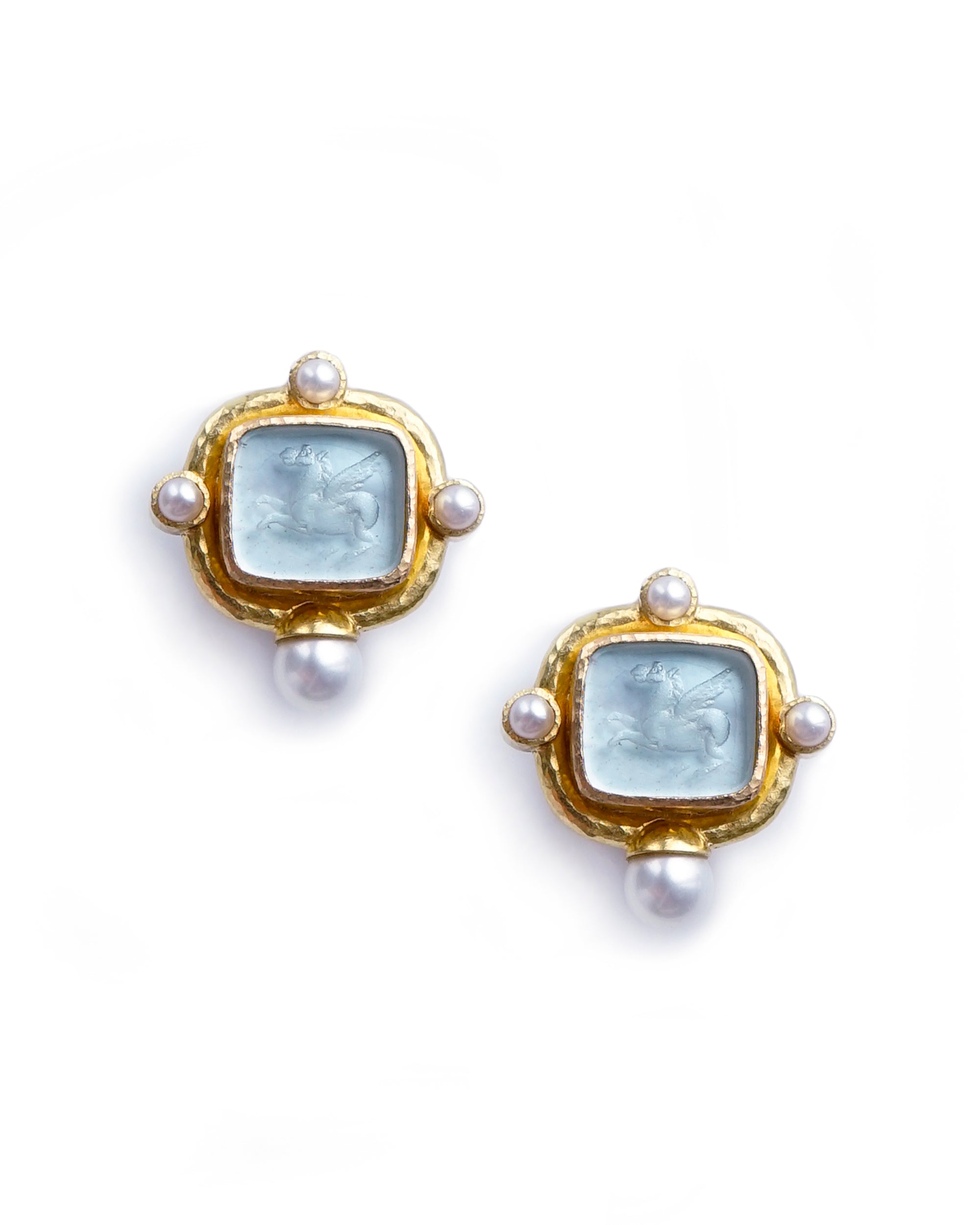Light aqua 'Square Pegasus' and Pearl Earrings