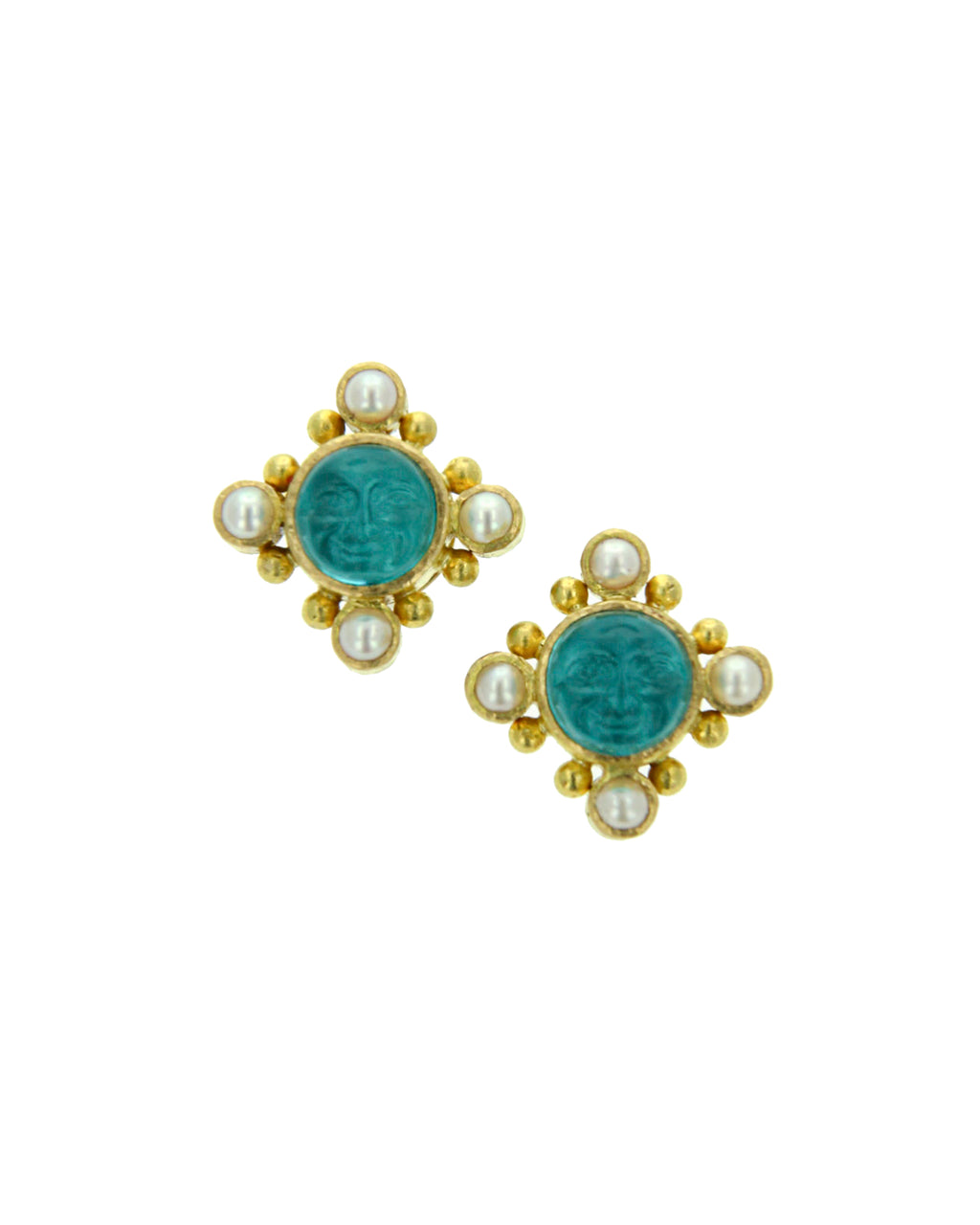 Teal 'Man-in-the-Moon' and Pearl Stud Earrings