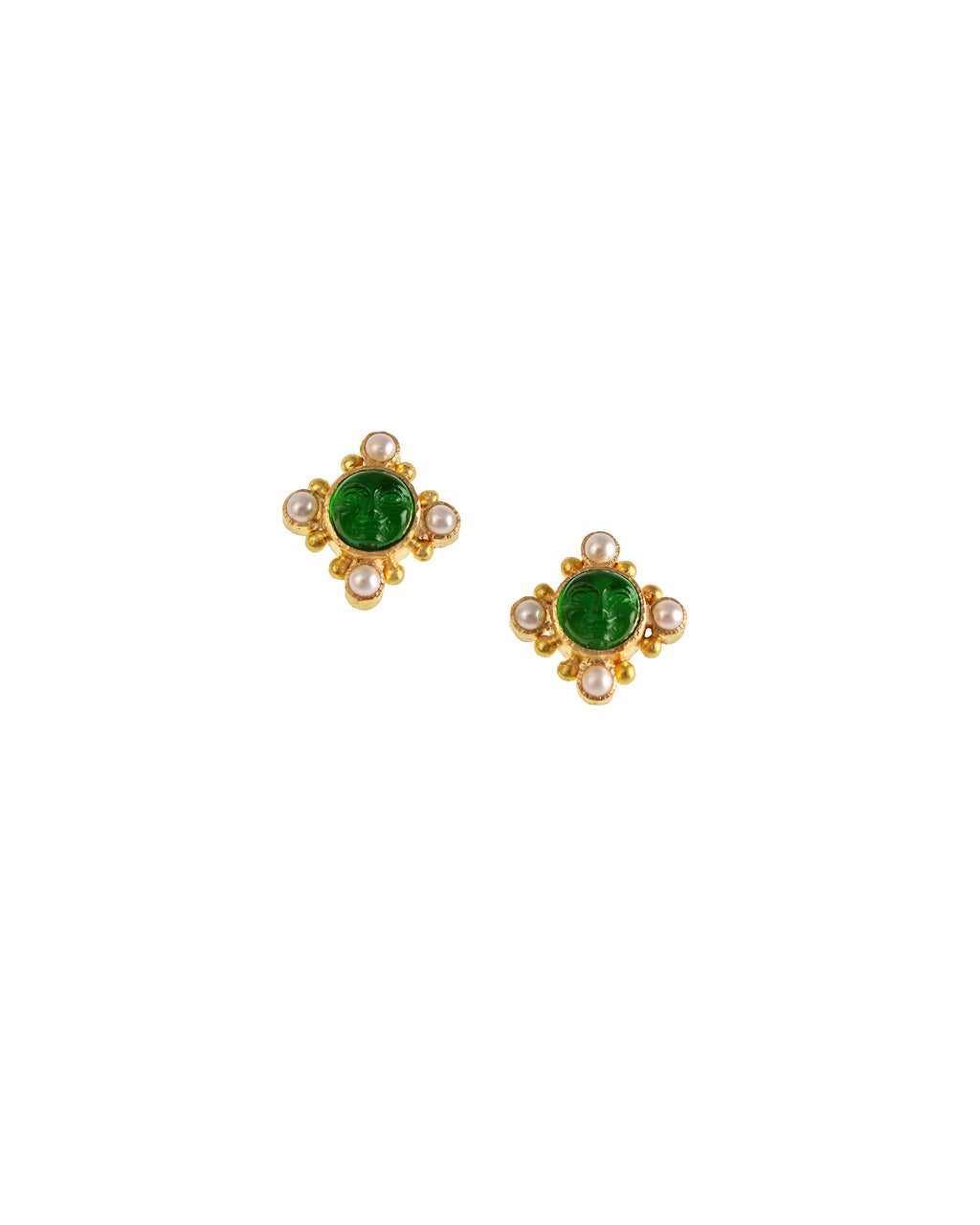 Green 'Man-in-the-Moon' and Pearl Stud Earrings