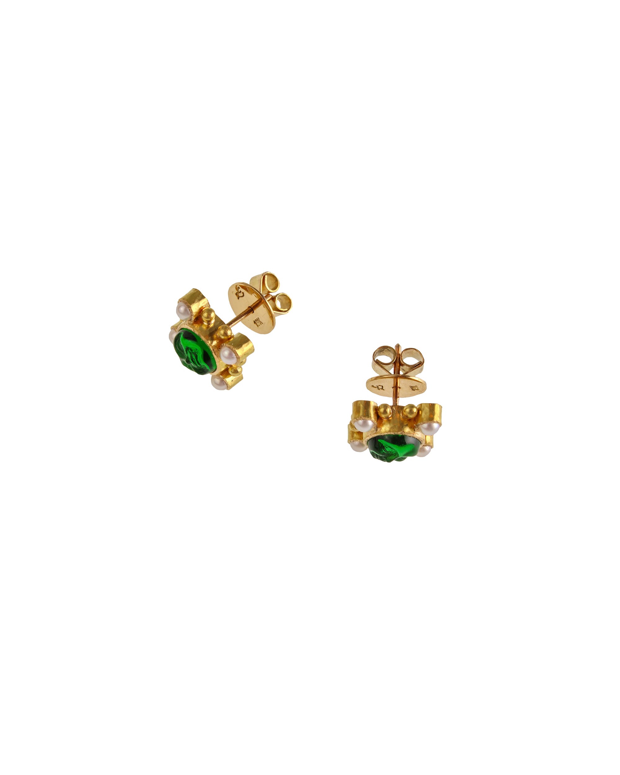 Green 'Man-in-the-Moon' and Pearl Stud Earrings