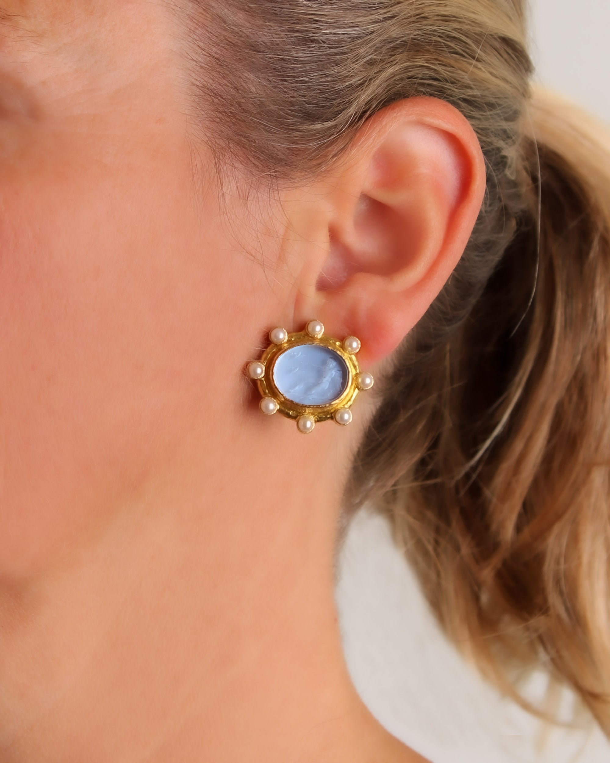 Cerulean 'Oval Archer' and Pearl Earrings