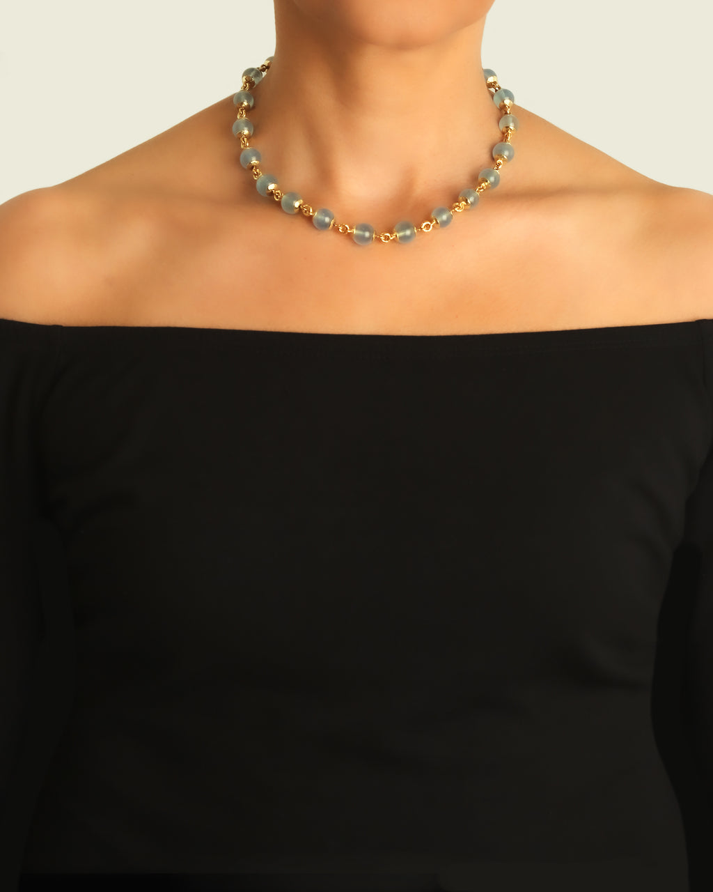Aquamarine Bead and Gold Link Necklace - 17"