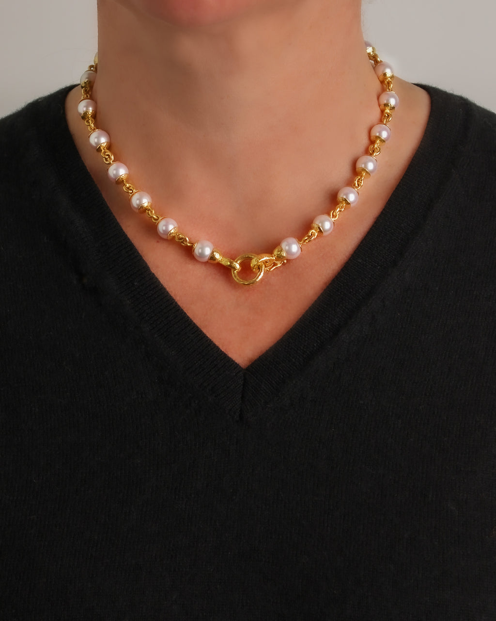 Akoya Pearl and Gold Link Necklace -  17"