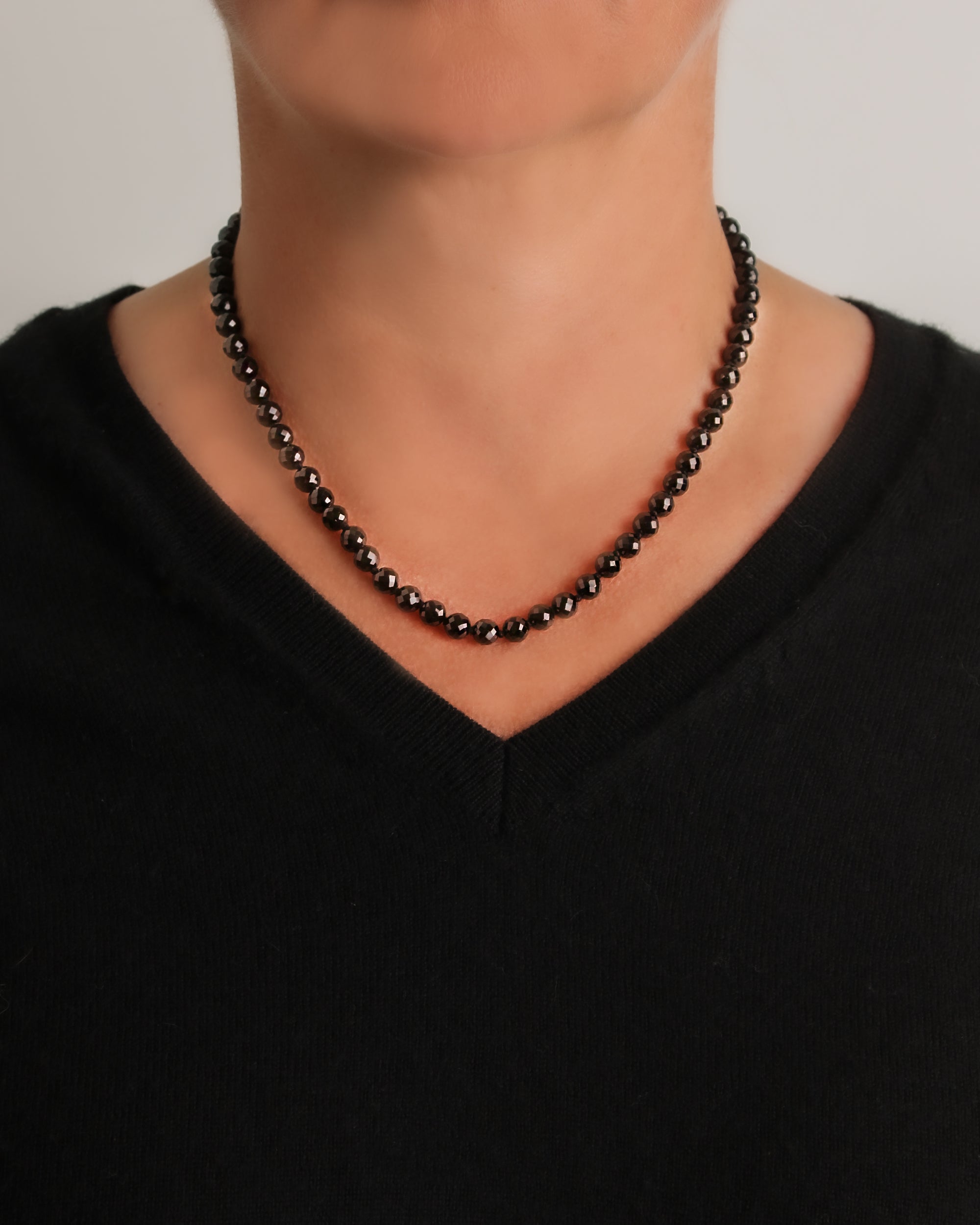 Black Spinel Bead Necklace with 'Serena' Clasp - 17"