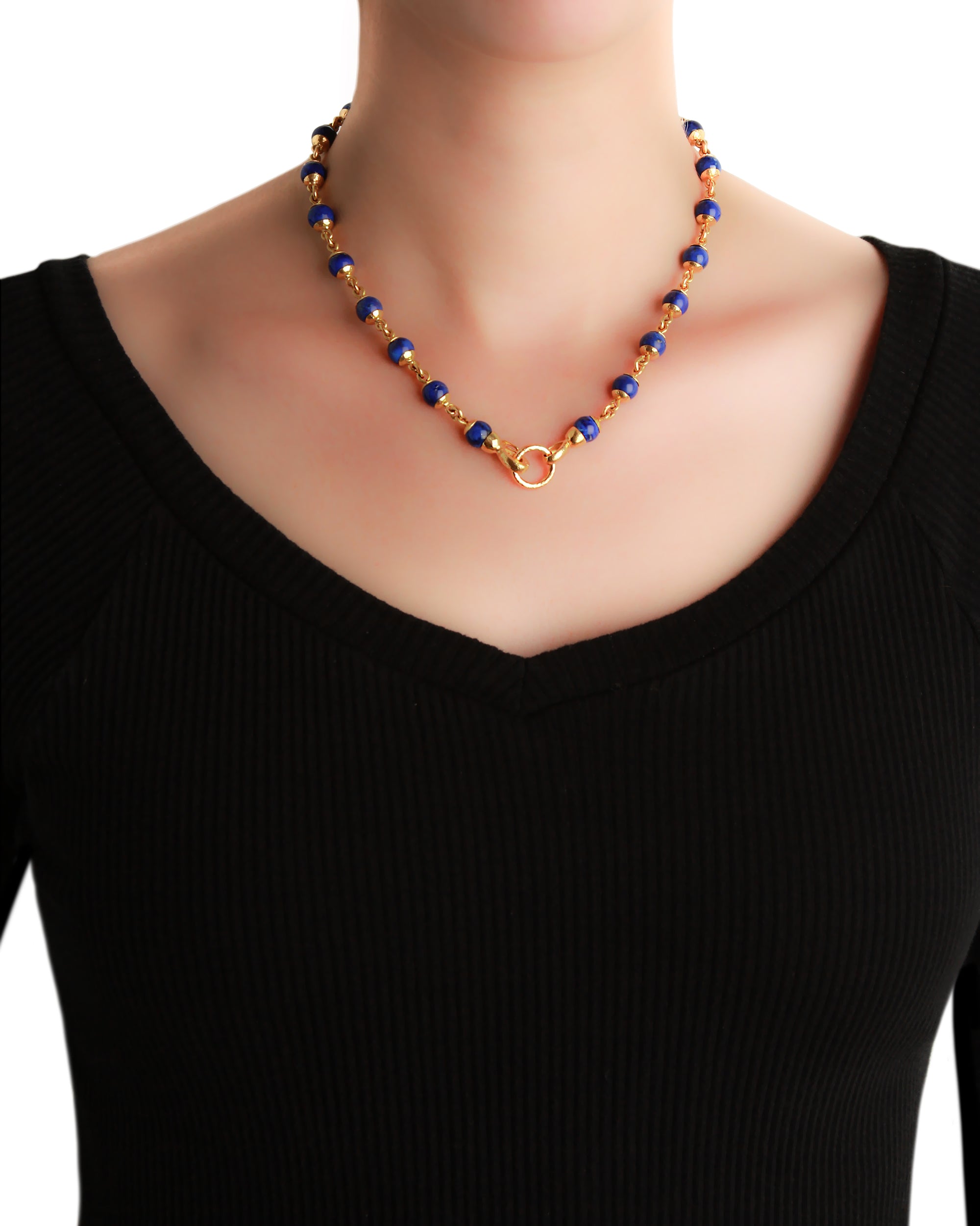 Lapis Bead and Gold Link Necklace - 17"