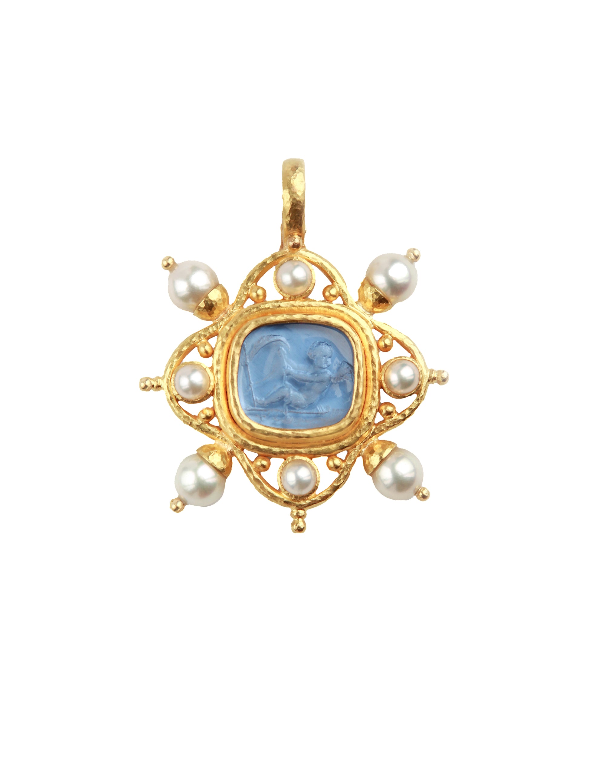Cerulean 'Cherub with Sail' and Pearl Pendant