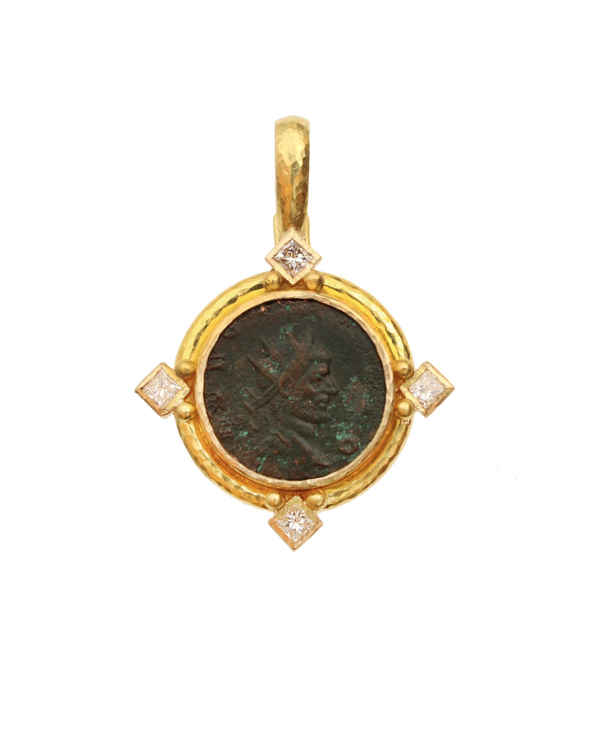 Ancient Roman Bronze Coin Pendant with Diamonds