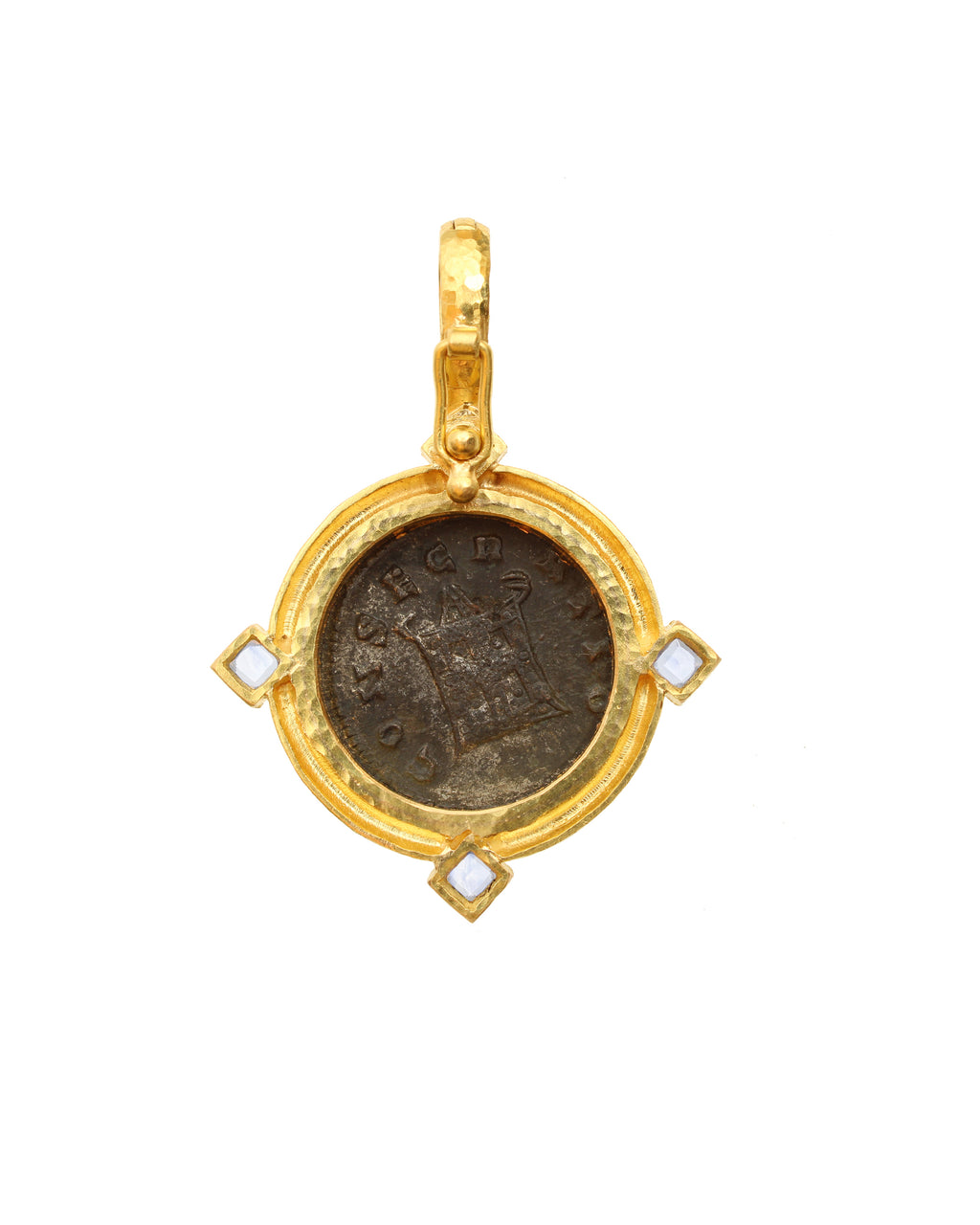 Ancient Roman Bronze Coin Pendant with Diamonds