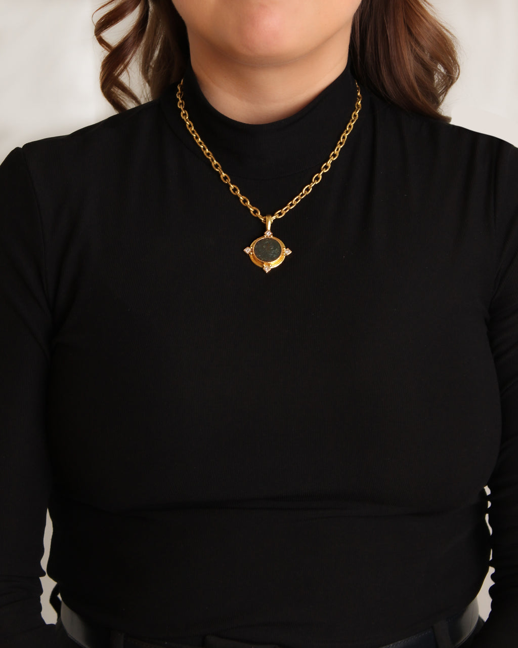 Ancient Roman Bronze Coin Pendant with Diamonds