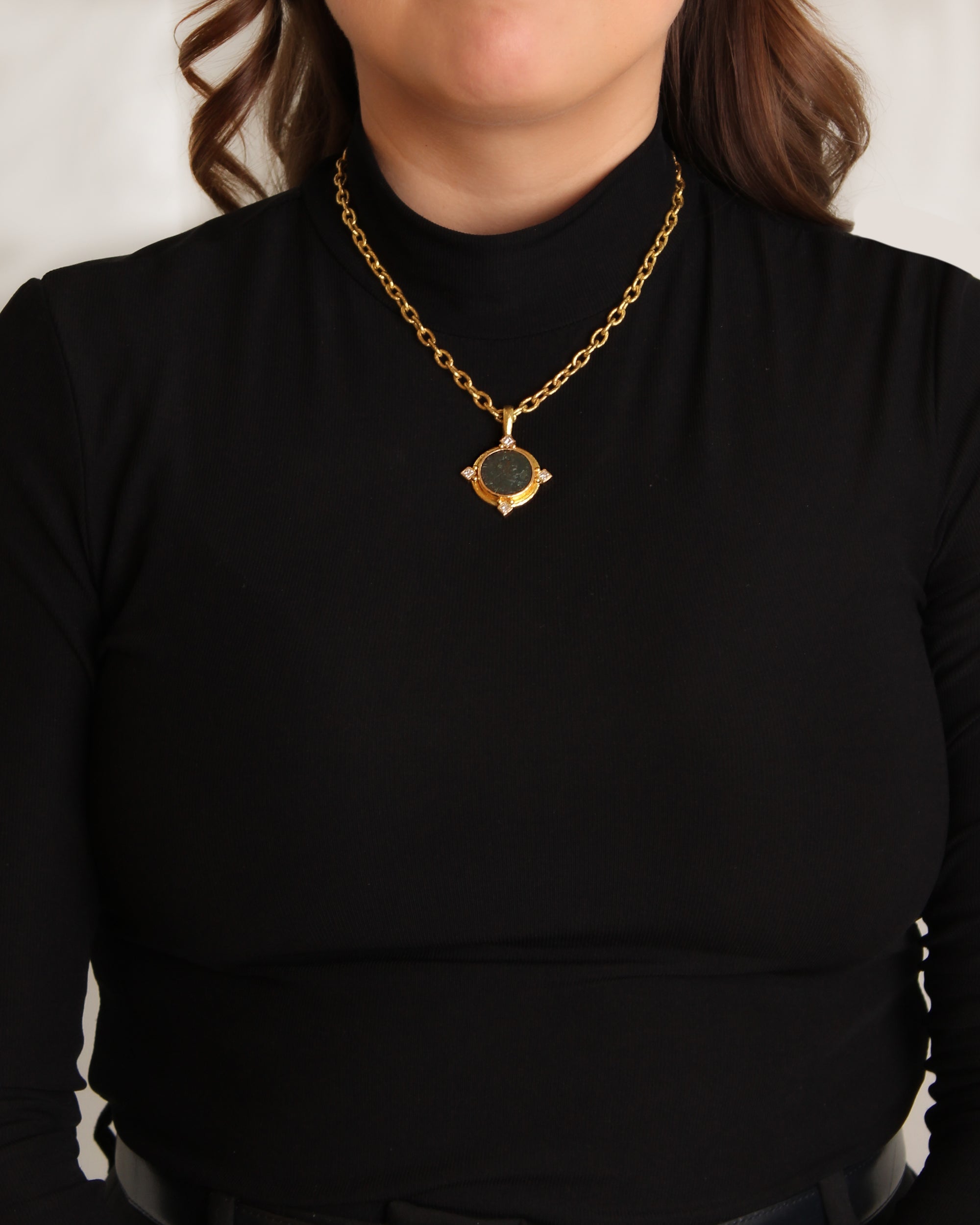 Ancient Roman Bronze Coin Pendant with Diamonds