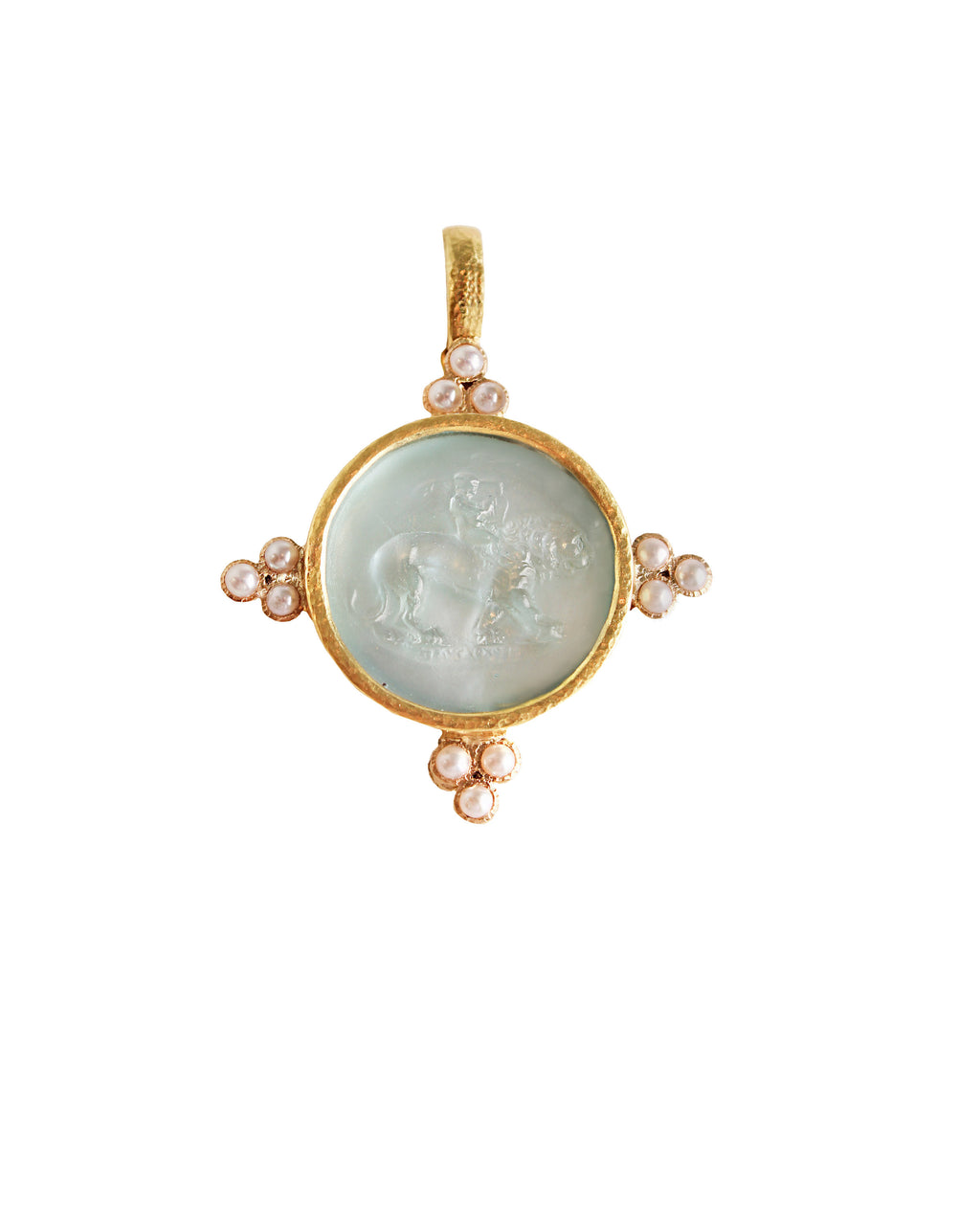 Light Aqua 'Cupid Riding Lion' with Pearl Pendant