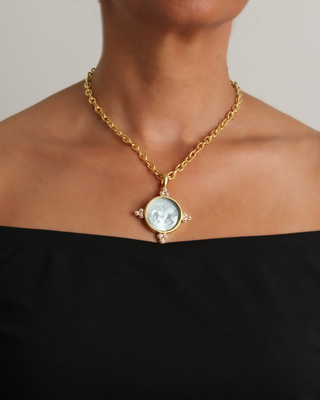 Light Aqua 'Cupid Riding Lion' with Pearl Pendant