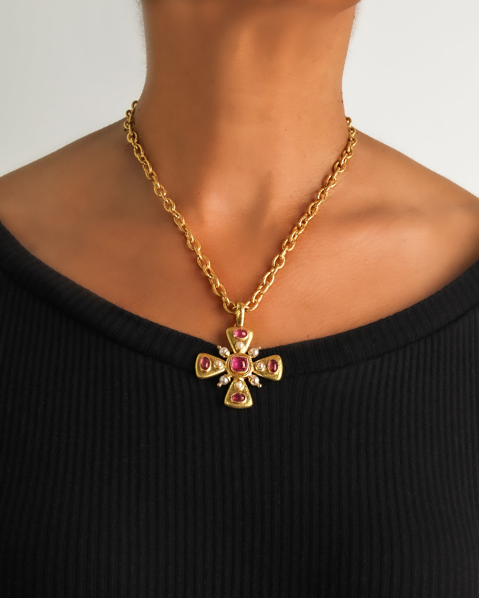 Pink Tourmaline Maltese Cross with Pearls Pendant