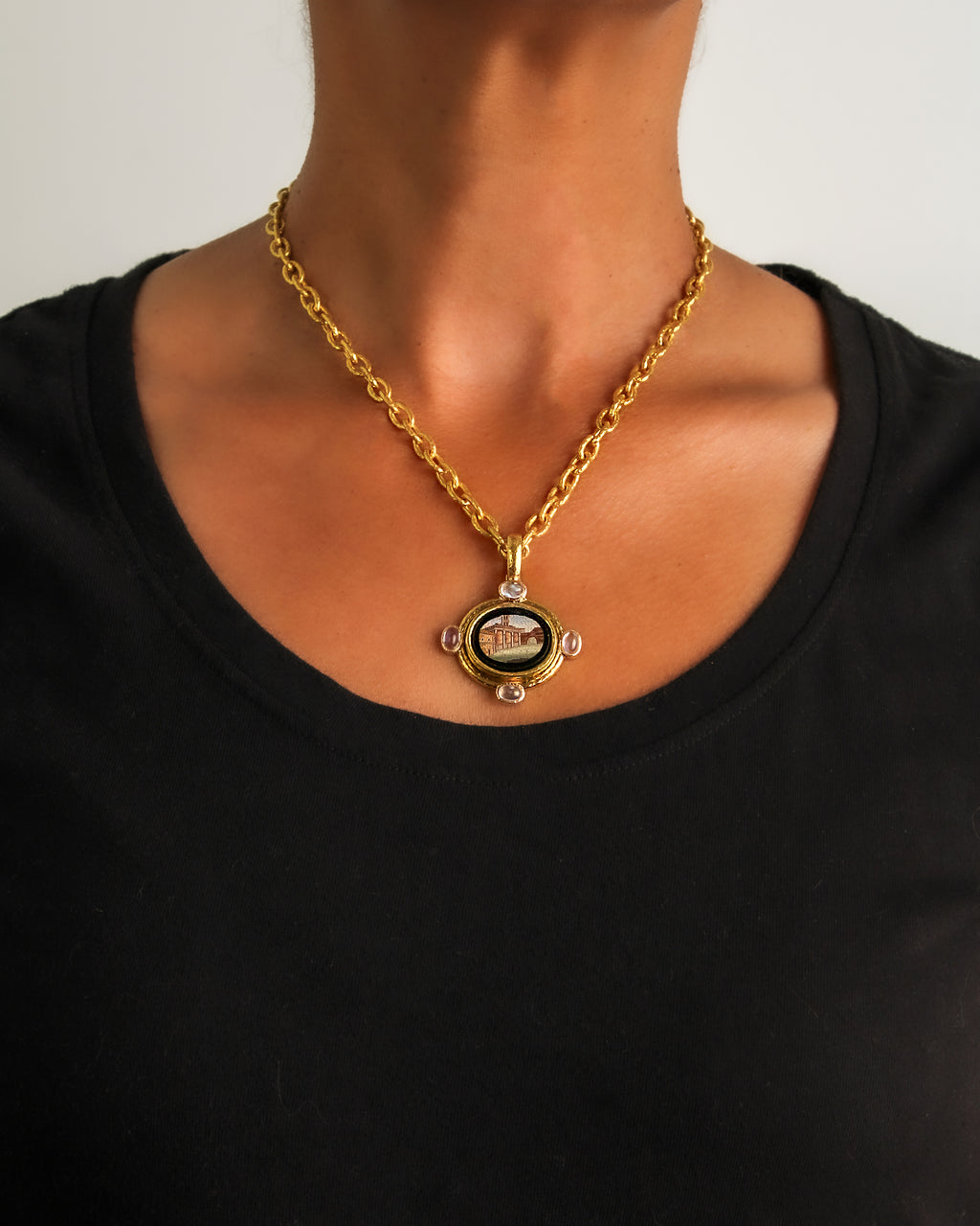 Antique Micromosaic and Moonstone Pendant