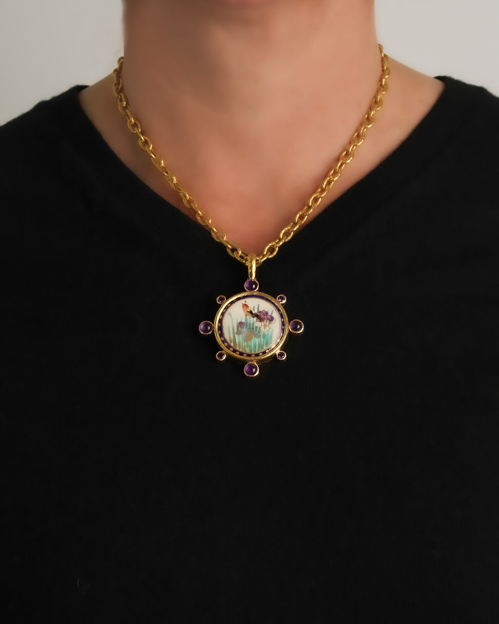 Antique Satsuma 'Irises with Bird' Pendant